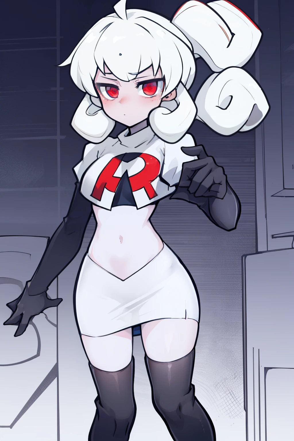 masterpiece, best quality, red eyes, white curly kair, ahoge,team rocket,team rocket uniform,white skirt,red letter R,crop top,black thigh-highs,black elbow gloves, comic strip