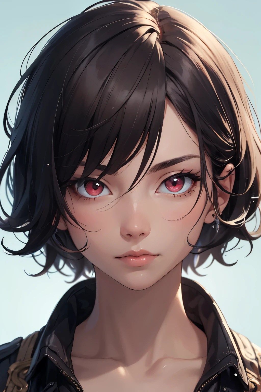 Bloodied boy. Short length fluffy Black hair with a couple of white strands here and there. Light blood covering him. His left side of his face seemingly demonic