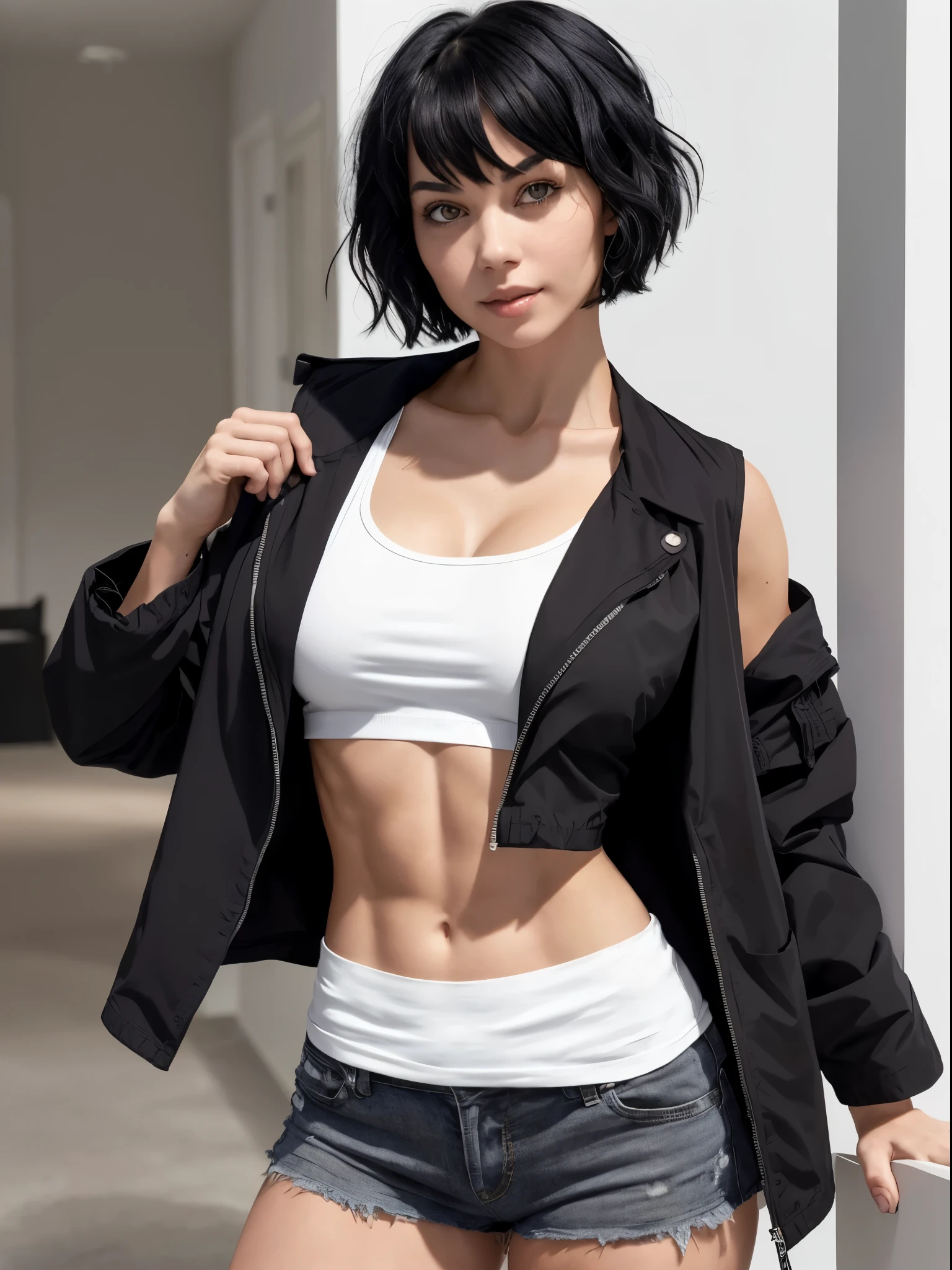 1girl, black hair, collarbone, black jacket, large breasts, looking at viewer, shirt, short hair, solo, tank top, upper body, white shirt, white tank top, showing abs, muscular female,
