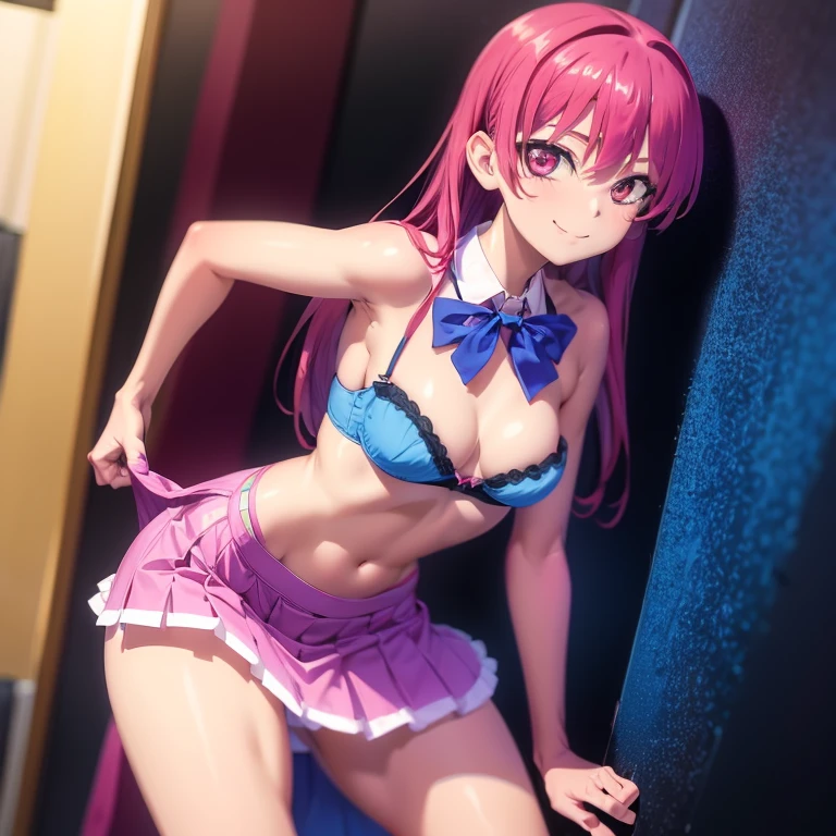 masterpiece, best quality, ultra-detailed, best illustration, cowboy shot, 1girl thin, solo, saki,  long hair,  red hair, pink hair, pink eyes, red eyes, looking at viewer, smile, shir tlift, unbuttoned shirt blue bra, small breast, long sleevess, blue skirt lift NSFW, pleated skirt lift blue panties , thin and tall, long thin legs, lifting the skirt, unbuttoned shirt blue bra, blue panties