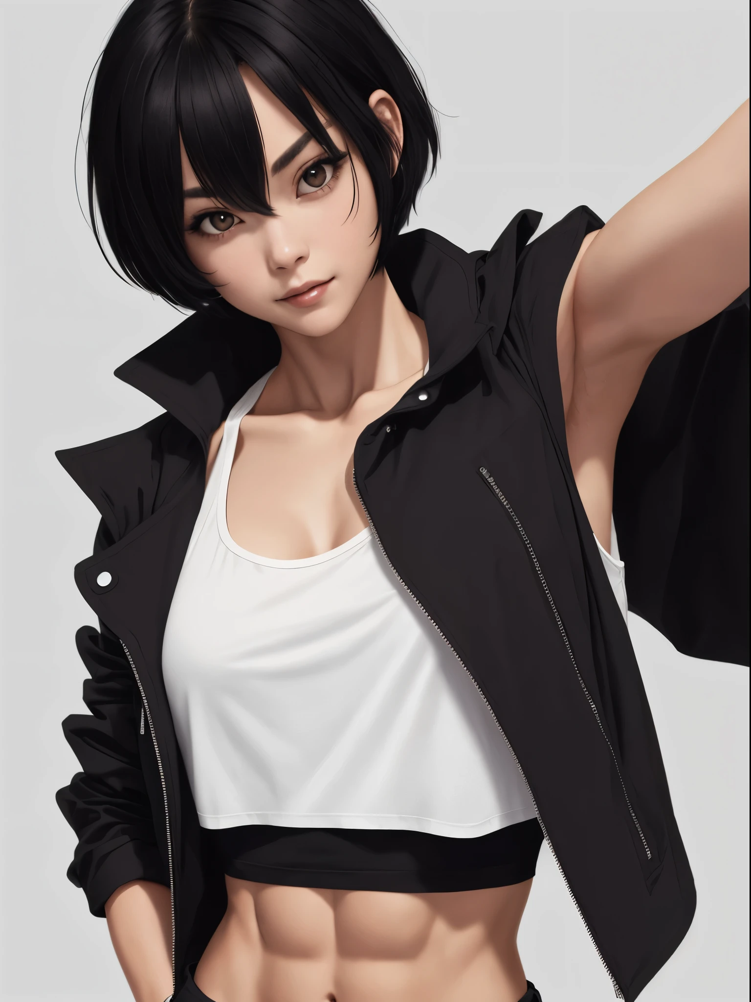 1girl, black hair, collarbone, black jacket, large breasts, looking at viewer, shirt, short hair, solo, tank top, upper body, white shirt, white tank top, showing abs, muscular female,