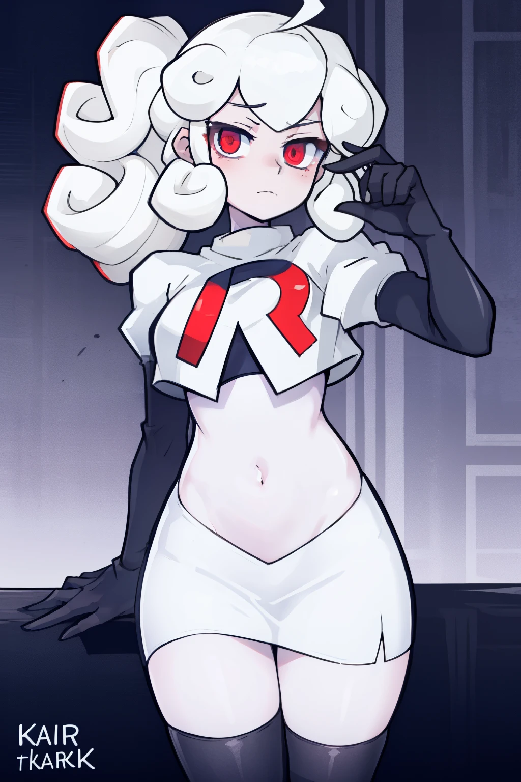masterpiece, best quality, red eyes, white curly kair, ahoge,team rocket,team rocket uniform,white skirt,red letter R,crop top,black thigh-highs,black elbow gloves, comic strip