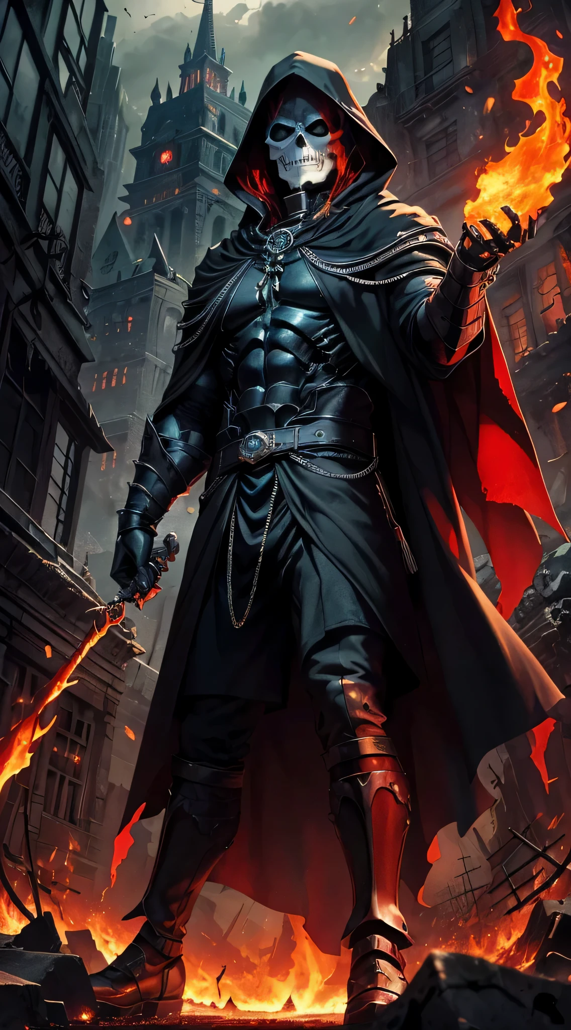 top-quality、Top image quality、masterpiece、Diabolical((Diabolicalの斧を持つ、Black cloak、well-muscled、best macho、full body chain、Angry eyes、Red blood、fighting poses、lava body,There'There's flames coming out of my head、Skeleton head)),hiquality、Beautiful Art、Background with((A crumbling city、the City of Fire)),masutepiece、Elaborate design、visualart、Perfect Art、Horror movie style、