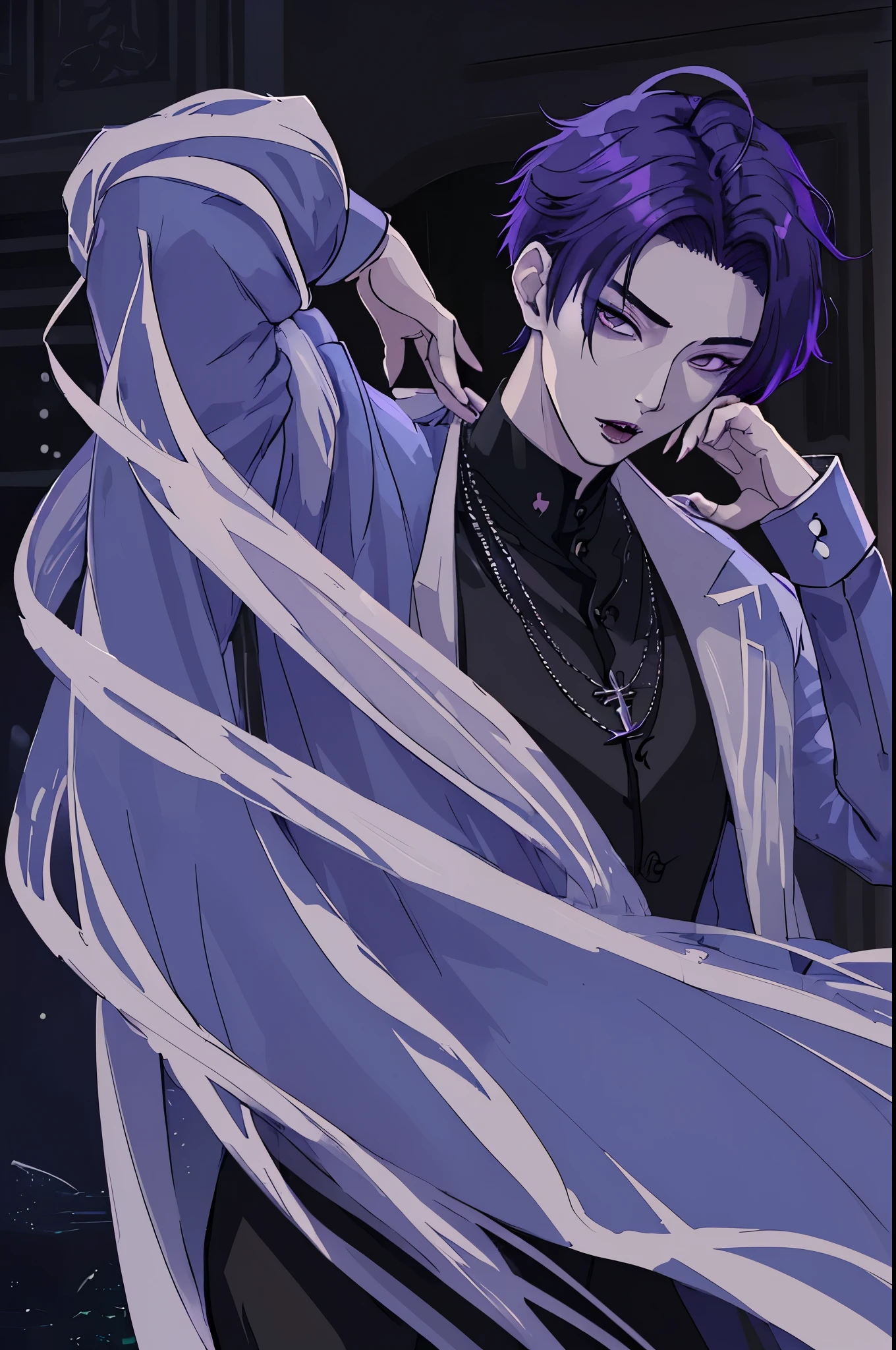 Moonlight behind, Stand in Front of the Church, Man with bright purple hair, inspired by Sim Sa-jeong, nixeu and sakimichan, Inspired by Wang Duo, Morgoth, inspired by Bian Shoumin, Virtual Self, looking this way, inspired by Gang Se-hwang, inspired by jeonseok lee, Tumbler, high-level image quality、 beautiful male、tall、window、𝓡𝓸𝓶𝓪𝓷𝓽𝓲𝓬、Korean Male, k pop, Professional Photos, Vampires, À la Fed Man with Necklace, inspired by Sim Sa-jeong, androgynous vampire, :9 detailed face: 8, extra detailed face, detailed punk hair, ((asa)) baggy eyes, Seductive. Highly detailed, semi realistic anime, Vampires, hyperrealistic , delicate androgynous prince, imvu, short hair above the ears, Man with short hair, Glaring expression, Cool pose, Korean fashion for men in black and white