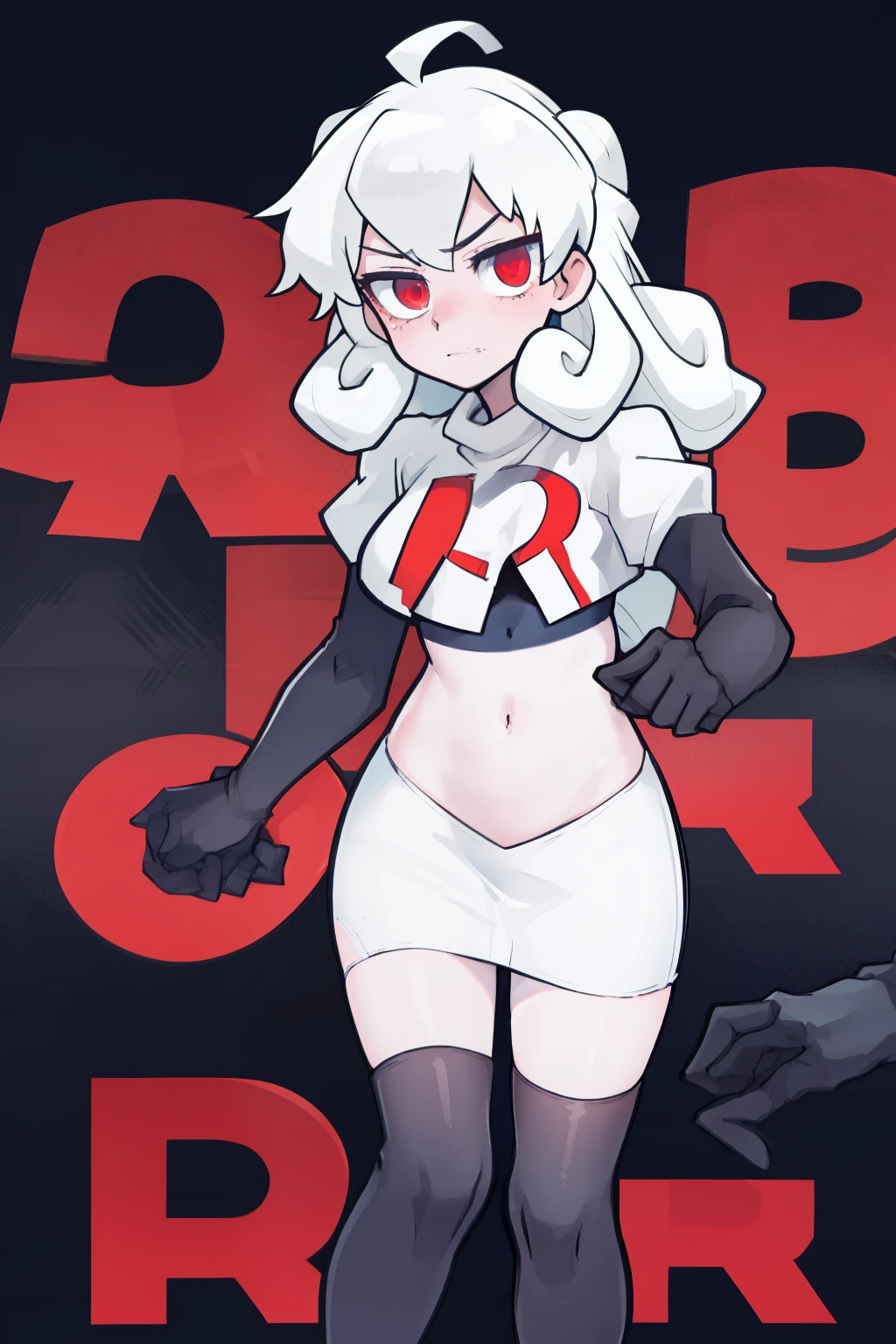 masterpiece, best quality, red eyes, white curly kair, ahoge,team rocket,team rocket uniform,white skirt,red letter R,crop top,black thigh-highs,black elbow gloves, comic strip