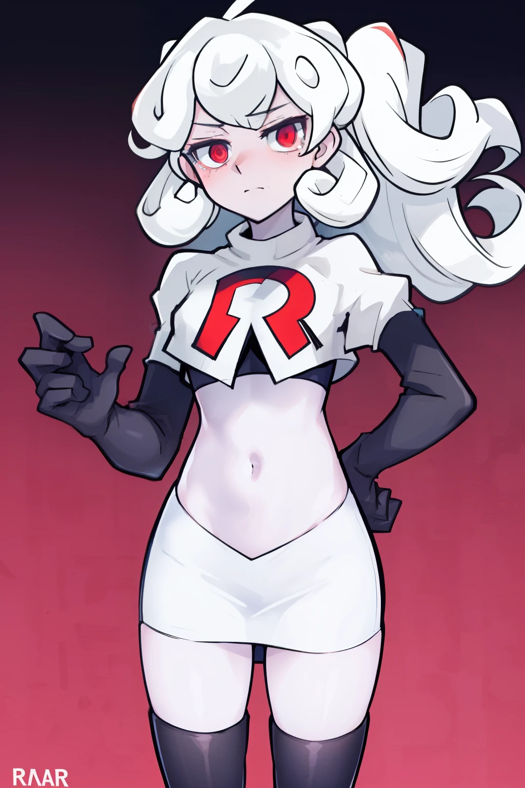 masterpiece, best quality, red eyes, white curly kair, ahoge,team rocket,team rocket uniform,white skirt,red letter R,crop top,black thigh-highs,black elbow gloves, comic strip