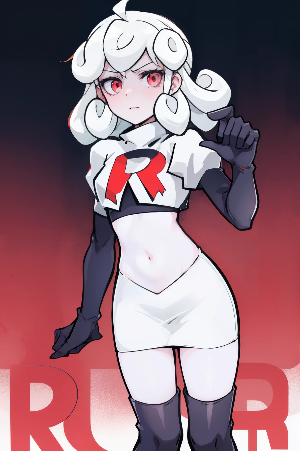 masterpiece, best quality, red eyes, white curly kair, ahoge,team rocket,team rocket uniform,white skirt,red letter R,crop top,black thigh-highs,black elbow gloves, comic strip