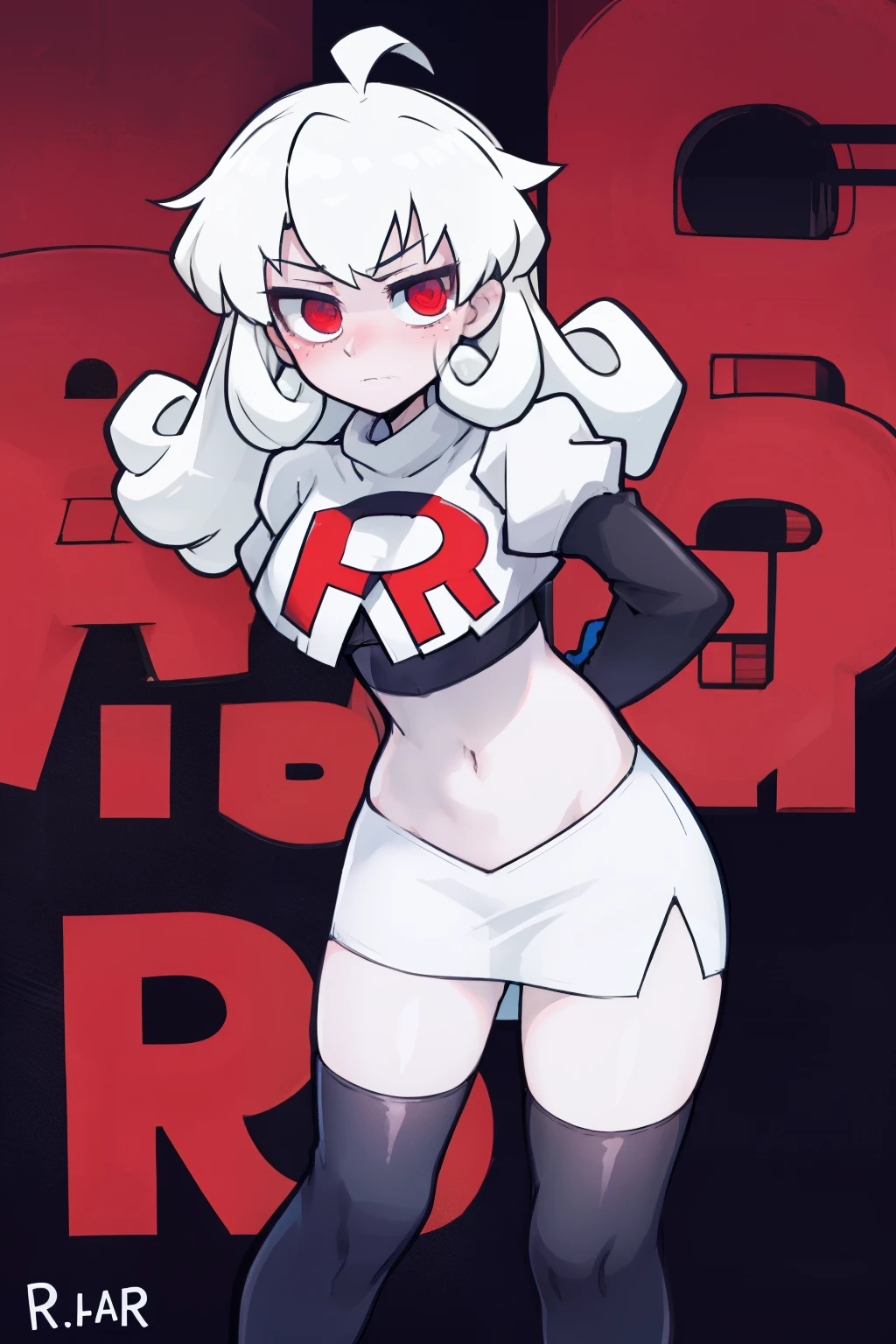 masterpiece, best quality, red eyes, white curly kair, ahoge,team rocket,team rocket uniform,white skirt,red letter R,crop top,black thigh-highs,black elbow gloves, comic strip