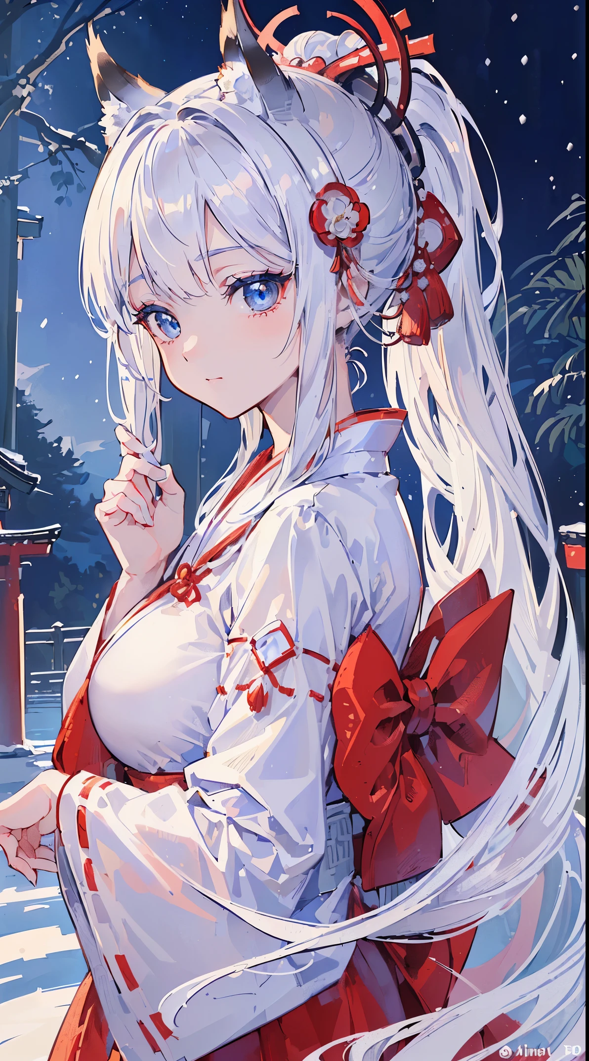(((masterpiece))), (((highest quality))), ((ultra-detailed)), ((super fine illustration)), ((ultra-fine painting)), (portrait:1.5), (Highly detailed and beautiful illustration style:1.8), detailed skin texture, detailed cloth texture, extreme detailed description, (T-masterpiece), original, raw photo, professional, Intricate details, super details, direct light, (16-years-old), real, (Solo), (A very beautiful and cute silver fox girl with nine silver tails and blue eyes who is a messenger of the gods and a Japanese shrine maiden:1.2) BRAKE (Beautiful and adorable silver fox ears:1.6), (Highly detailed silver fox ears:1.4), (Beautiful and adorable silver fox nine-tails:1.4), (Highly detailed silver fox nine-tails:1.4), (silver fox nine-tails:1.4), (Beautiful and shiny silver ponytail:1.4), (Highly detailed silver ponytail:1.3), (Very detailed and beautiful clear blue eyes:1.4), (highly detailed and cute face:1.4), (smile:1.2), (standing:1.2), (look at the viewer), (Very detailed, beautiful and perfect hands:1.4), (Very detailed, beautiful and perfect fingers:1.4), (Very detailed, beautiful and perfect fingertips:1.4), (perfect anatomy:1.4) BRAKE (White very detailed and beautiful kimono:1.4), (Red:1.25 very detailed and beautiful long hakama:1.6), (Very detailed and beautiful Japanese traditional shrine maiden clothing:1.4), (Japanese traditional costume:1.2) BRAKE (Very detailed and beautiful Ise Grand Shrine in Mie Prefecture just after noon in winter in the background:1.6), (Very detailed and beautiful Ise Grand Shrine:1.2), (Very detailed and beautiful torii gate of Ise Shrine:1.2), (Very detailed and beautiful grounds of Ise Shrine:1.2) BRAKE (16K highest quality wallpaper:1.4), (Highly detailed and beautiful sunny sky background just after noon:1.4) BRAKE