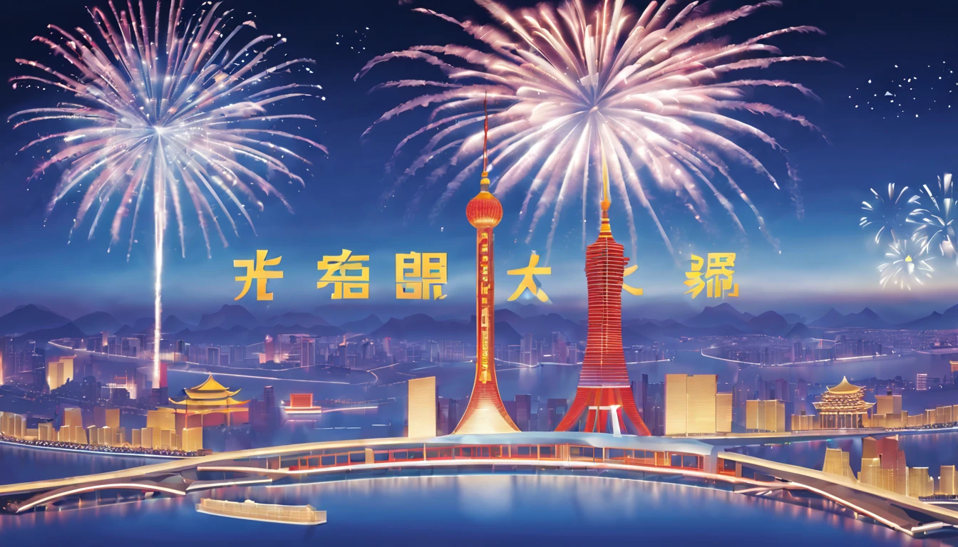 Postal postcard，There is Beijing on the front(2024)Pictures of grand fireworks display to celebrate New Year。Typographic wireframe logo with stamp place and recipient、Name format
