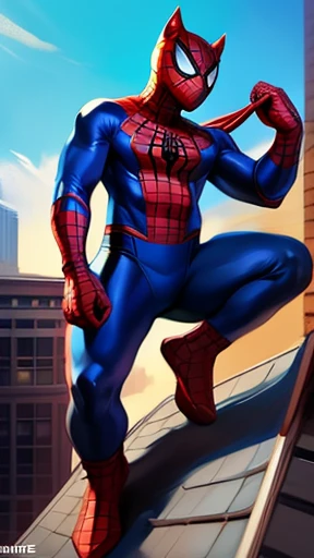 solo, german shepherd, overweight, wearing red and blue spiderman, spiderman spandex costume, classic spiderman suit print, unmasked, no masked, full body view, frontal shot, at top of building rooftop, by darkgem by chunie by juiceps