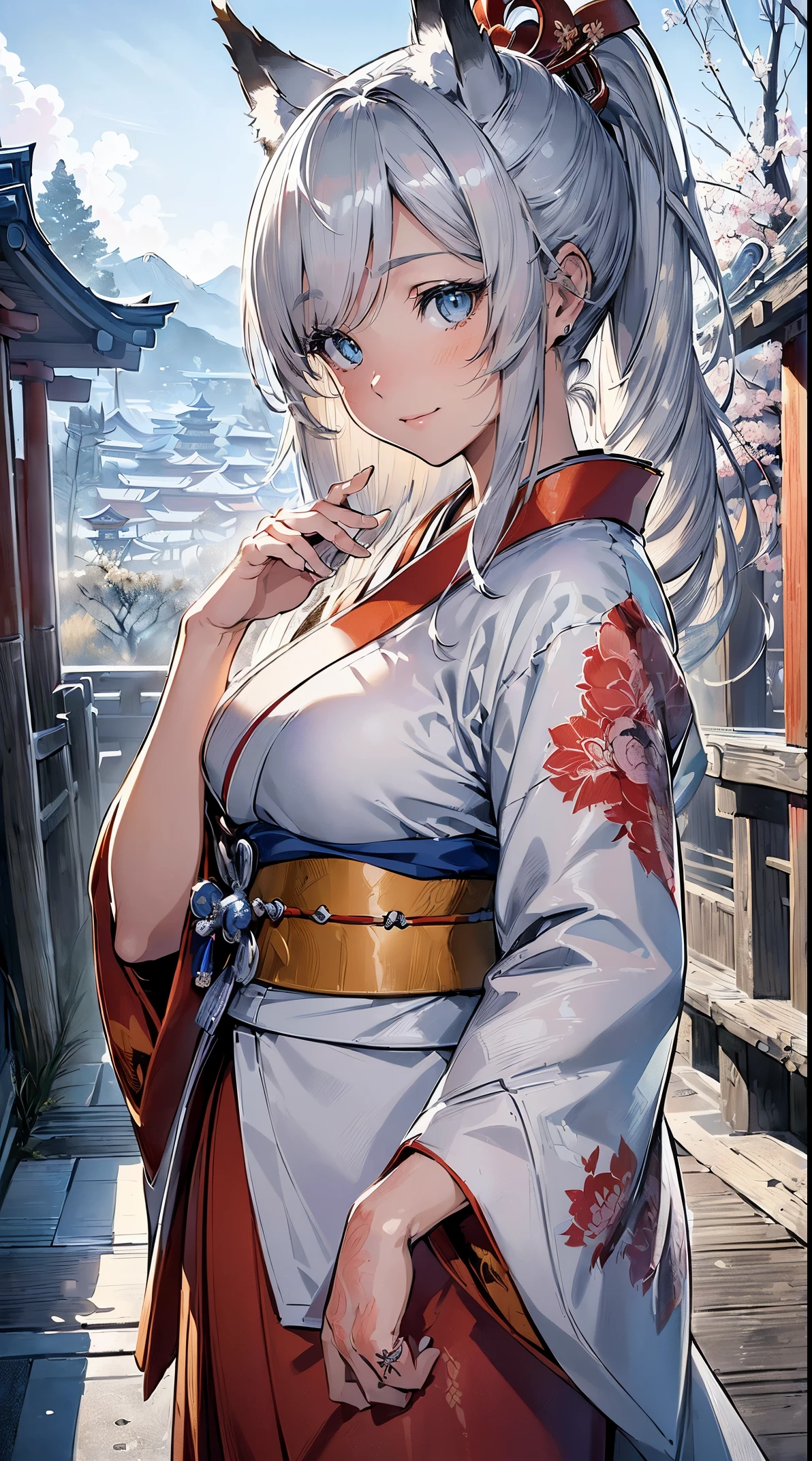 (((masterpiece))), (((highest quality))), ((ultra-detailed)), ((super fine illustration)), ((ultra-fine painting)), (portrait:1.5), (Highly detailed and beautiful illustration style:1.8), detailed skin texture, detailed cloth texture, extreme detailed description, (T-masterpiece), original, raw photo, professional, Intricate details, super details, direct light, (16-years-old), real, (Solo), (A very beautiful and cute silver fox girl with nine silver tails and blue eyes who is a messenger of the gods and a Japanese shrine maiden:1.2) BRAKE (Beautiful and adorable silver fox ears:1.6), (Highly detailed silver fox ears:1.4), (Beautiful and adorable silver fox nine-tails:1.4), (Highly detailed silver fox nine-tails:1.4), (silver fox nine-tails:1.4), (Beautiful and shiny silver ponytail:1.4), (Highly detailed silver ponytail:1.3), (Very detailed and beautiful clear blue eyes:1.4), (highly detailed and cute face:1.4), (smile:1.2), (standing:1.2), (look at the viewer), (Very detailed, beautiful and perfect hands:1.4), (Very detailed, beautiful and perfect fingers:1.4), (Very detailed, beautiful and perfect fingertips:1.4), (perfect anatomy:1.4) BRAKE (White very detailed and beautiful kimono:1.4), (Red:1.25 very detailed and beautiful long hakama:1.6), (Very detailed and beautiful Japanese traditional shrine maiden clothing:1.4), (Japanese traditional costume:1.2) BRAKE (Very detailed and beautiful Ise Grand Shrine in Mie Prefecture just after noon in winter in the background:1.6), (Very detailed and beautiful Ise Grand Shrine:1.2), (Very detailed and beautiful torii gate of Ise Shrine:1.2), (Very detailed and beautiful grounds of Ise Shrine:1.2) BRAKE (16K highest quality wallpaper:1.4), (Highly detailed and beautiful sunny sky background just after noon:1.4) BRAKE