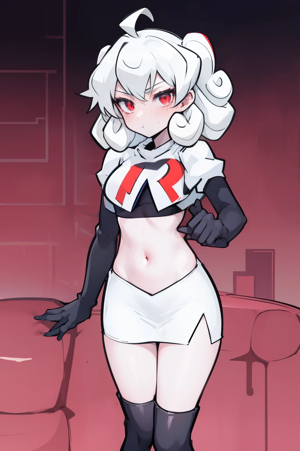 masterpiece, best quality, red eyes, white curly kair, ahoge,team rocket,team rocket uniform,white skirt,red letter R,crop top,black thigh-highs,black elbow gloves, comic strip