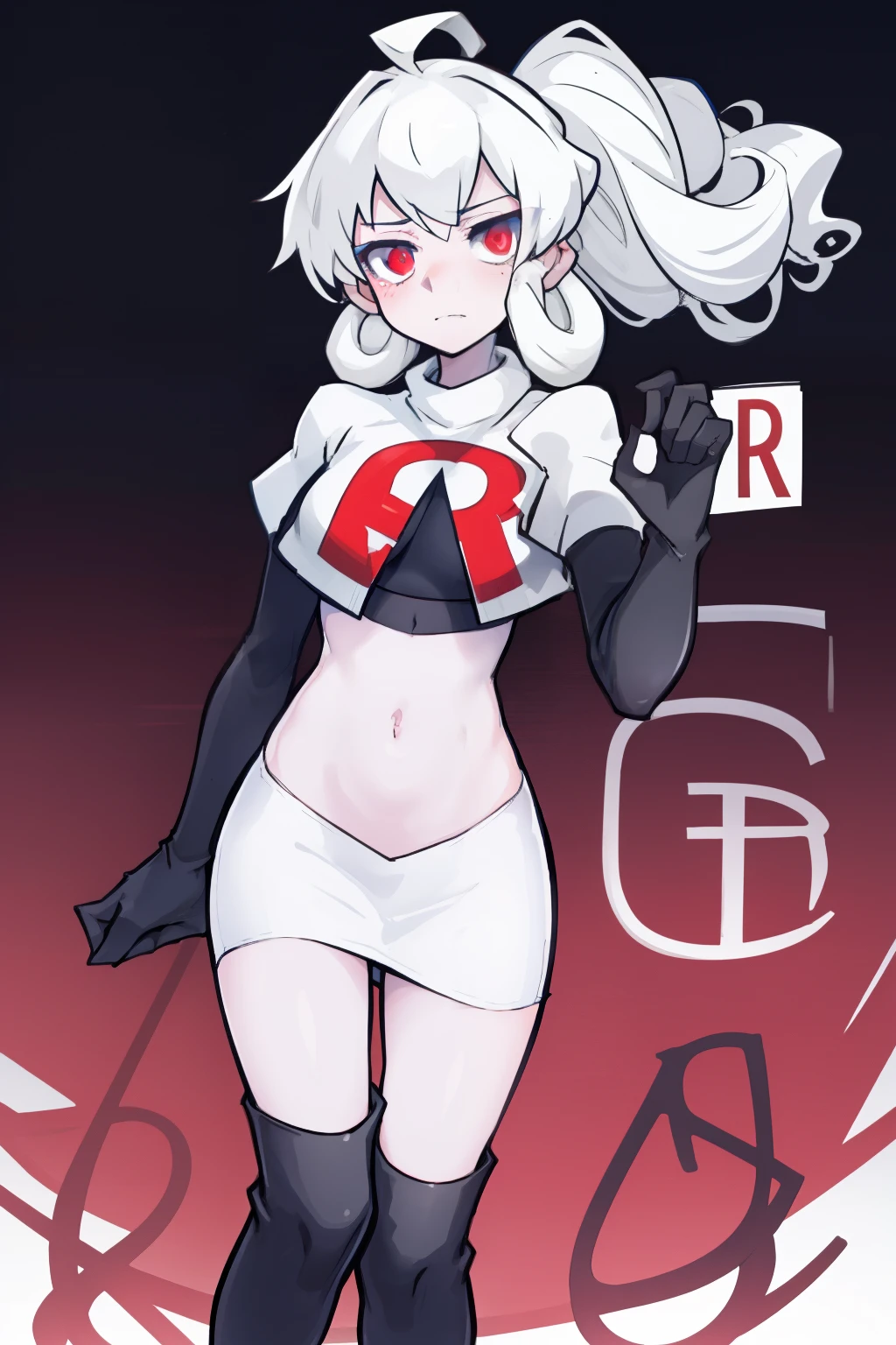 masterpiece, best quality, red eyes, white curly kair, ahoge,team rocket,team rocket uniform,white skirt,red letter R,crop top,black thigh-highs,black elbow gloves, comic strip