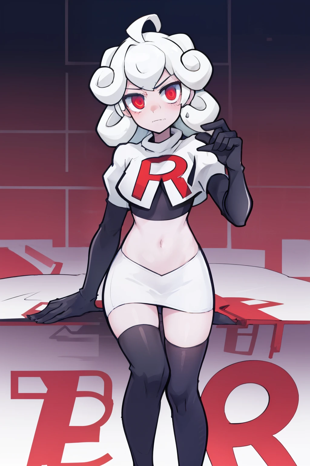 masterpiece, best quality, red eyes, white curly kair, ahoge,team rocket,team rocket uniform,white skirt,red letter R,crop top,black thigh-highs,black elbow gloves, comic strip