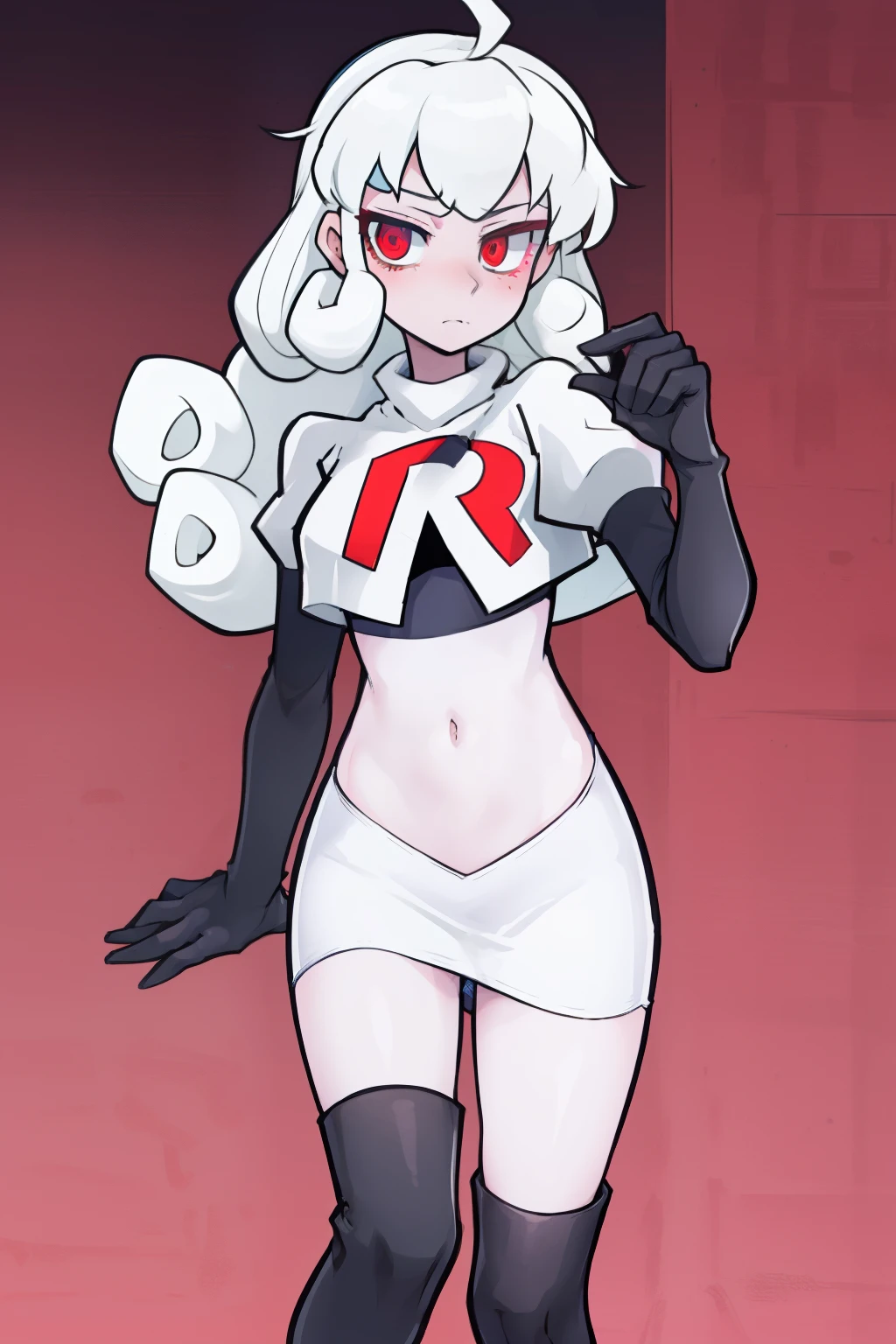 masterpiece, best quality, red eyes, white curly kair, ahoge,team rocket,team rocket uniform,white skirt,red letter R,crop top,black thigh-highs,black elbow gloves, comic strip