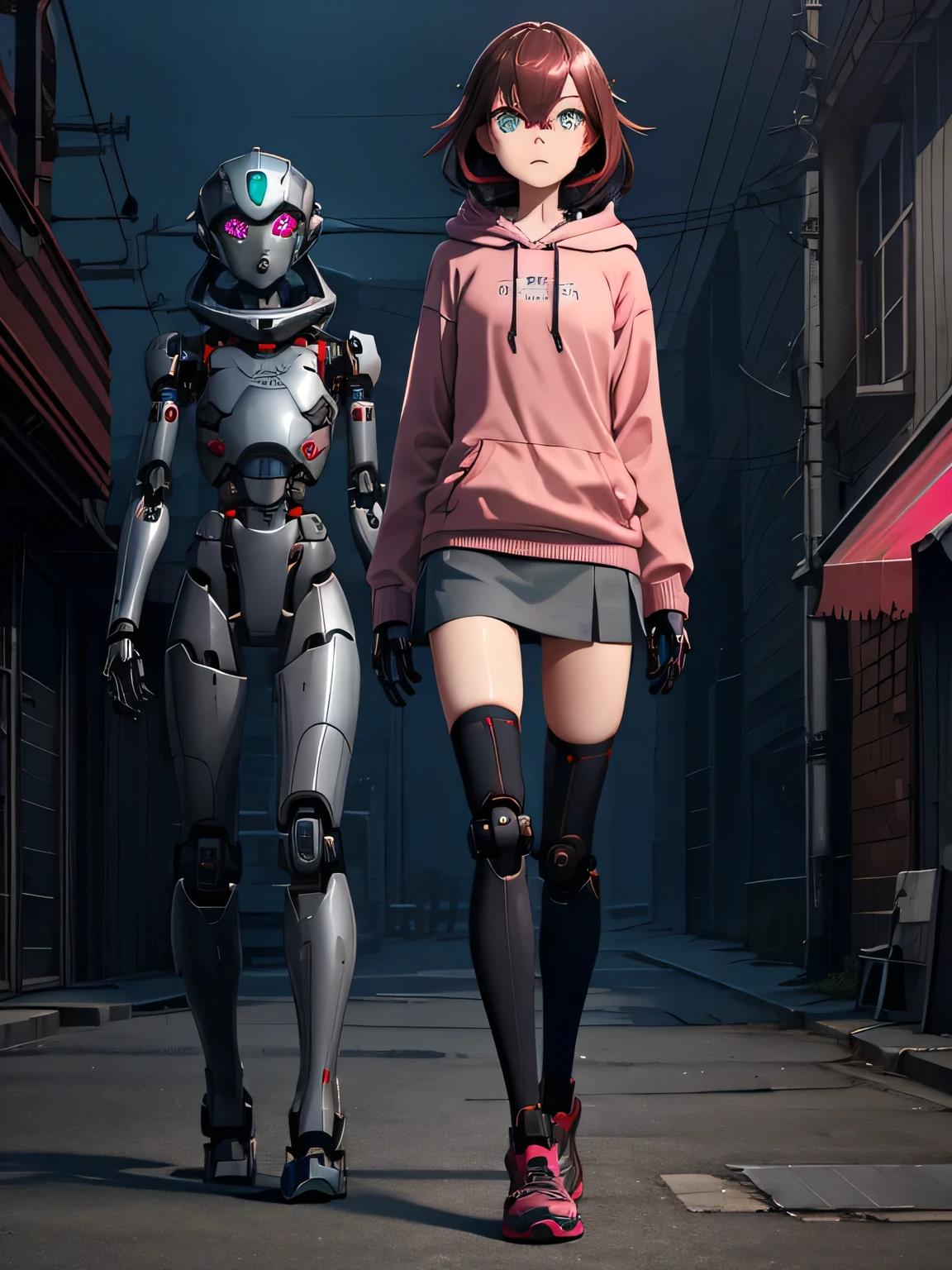 (robot girl 1.8), teal eyes, brown hair with red highlights, pink baggy hoodie, (mechanical limbs), (mechanical face), dystopian future, gray miniskirt, (Metal skin 1.5), realistic robot, gray metal skin, cybernetics, neon background,