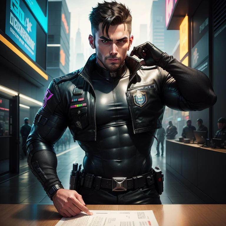 Change background cyberpunk police commander handsome boy
