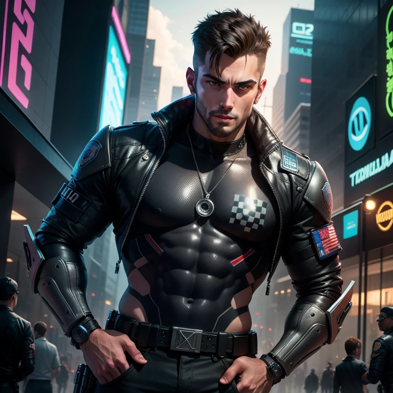 Change background cyberpunk police commander handsome boy