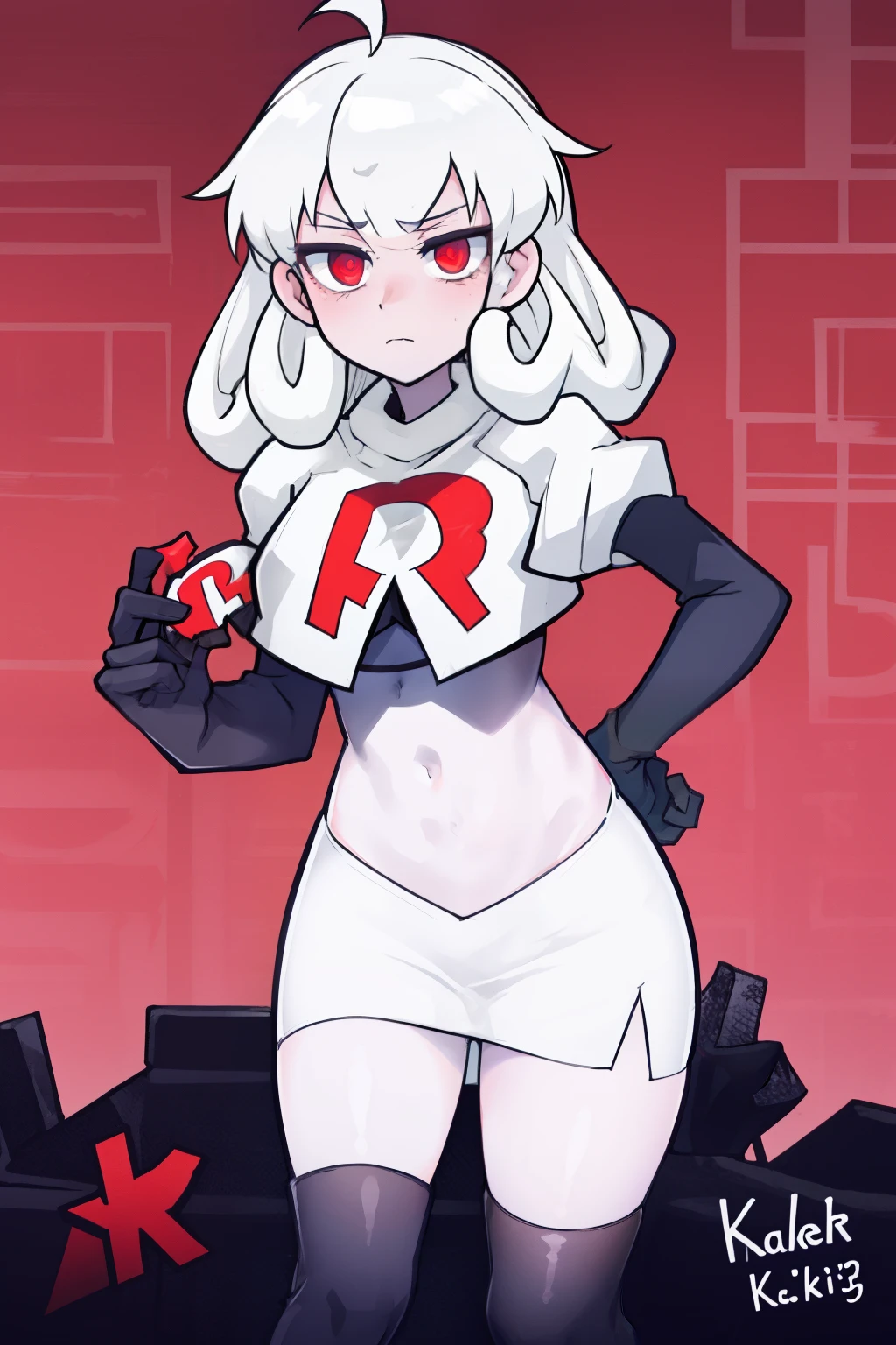 masterpiece, best quality, red eyes, white curly kair, ahoge,team rocket,team rocket uniform,white skirt,red letter R,crop top,black thigh-highs,black elbow gloves, comic strip