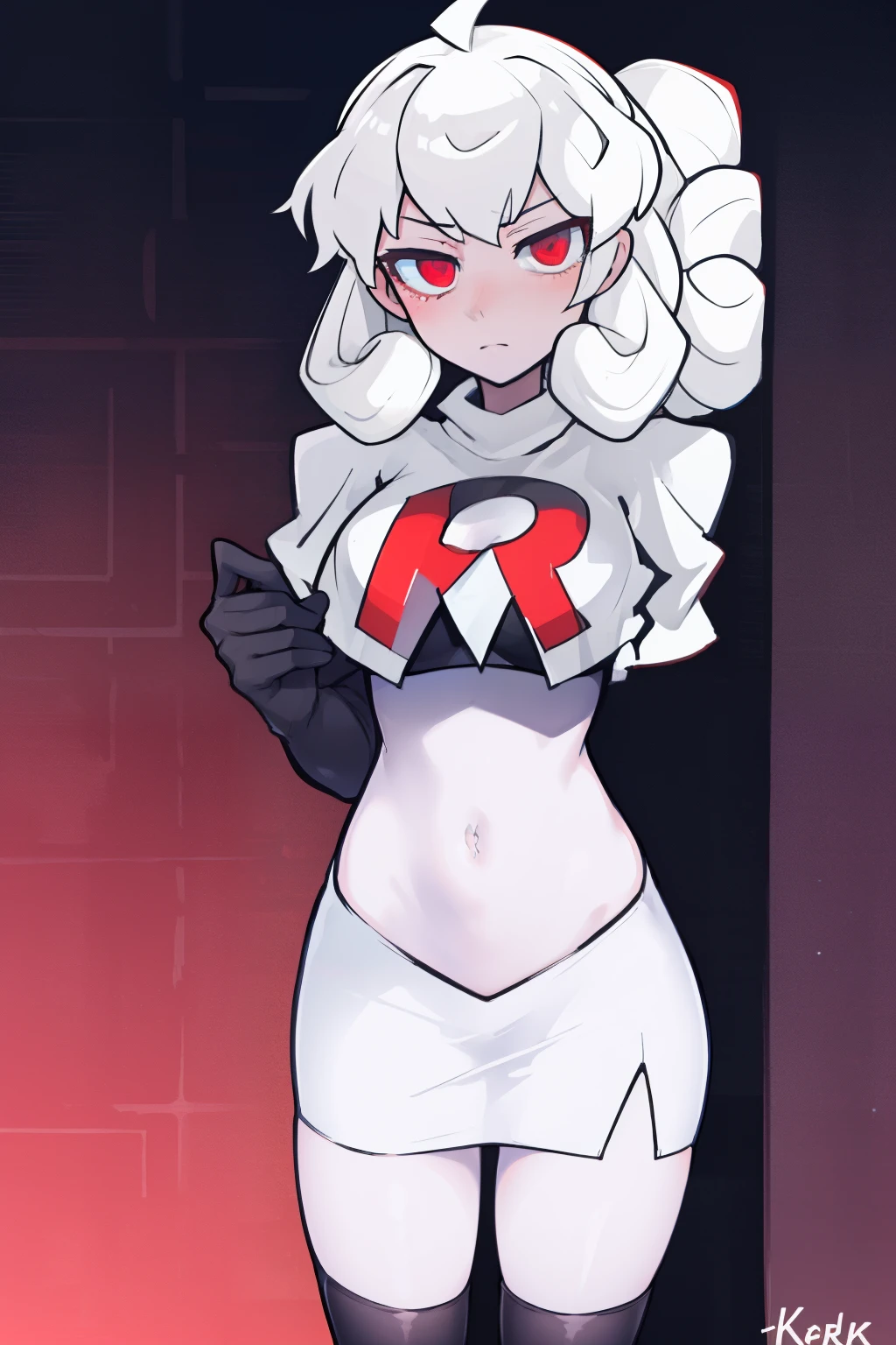 masterpiece, best quality, red eyes, white curly kair, ahoge,team rocket,team rocket uniform,white skirt,red letter R,crop top,black thigh-highs,black elbow gloves, comic strip