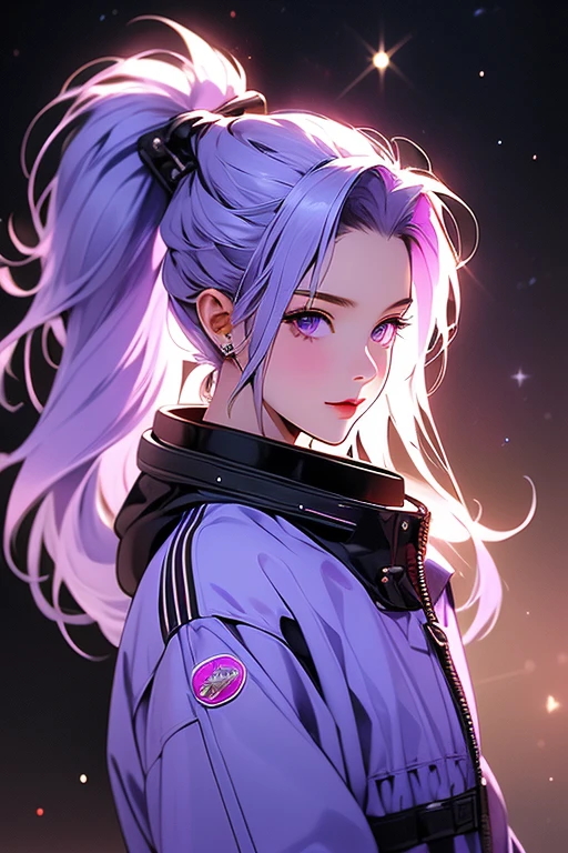 hightquality,masterpiece,girl with,light purple hair,Lilac eyes,Spacecraft Maneuvering,SF,ssmile,Philosophical,near future,punk fashion,poneyTail,年轻,gentle,The background is space