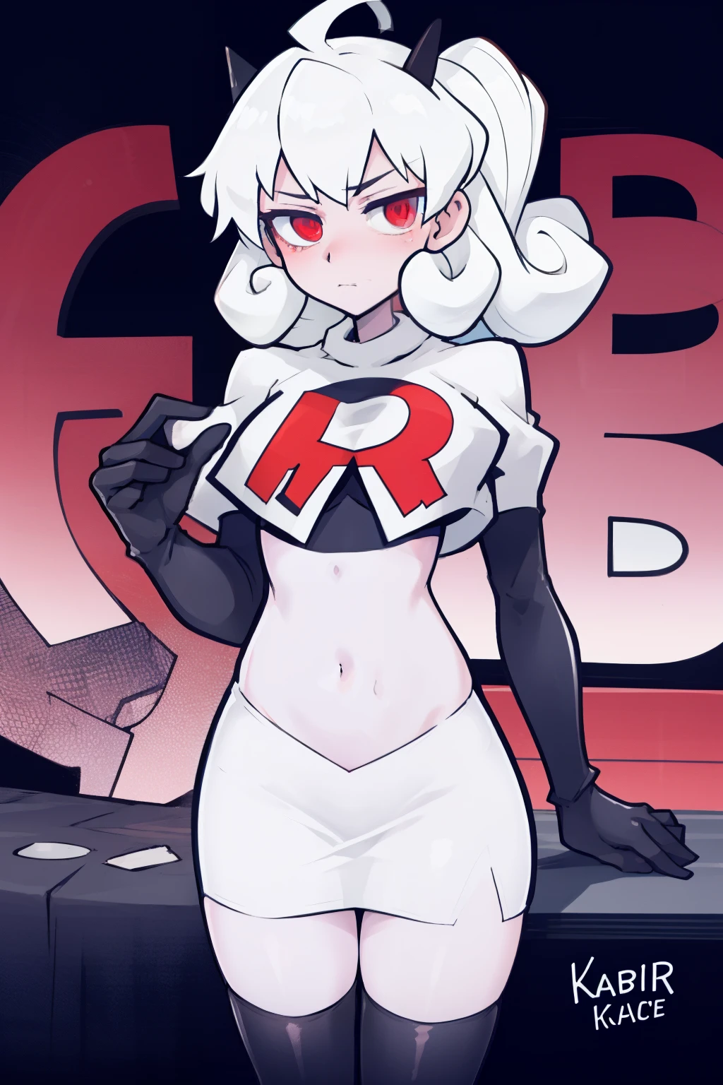 masterpiece, best quality, red eyes, white curly kair, ahoge,team rocket,team rocket uniform,white skirt,red letter R,crop top,black thigh-highs,black elbow gloves, comic strip