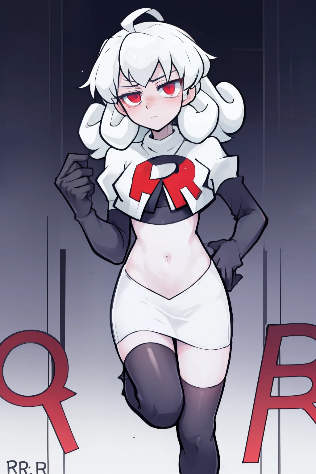 masterpiece, best quality, red eyes, white curly kair, ahoge,team rocket,team rocket uniform,white skirt,red letter R,crop top,black thigh-highs,black elbow gloves, comic strip