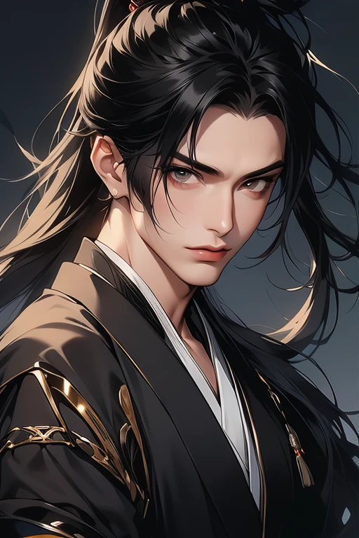 Best quality,A high resolution,The image is clear:1.2，A man in a black Hanfu，the only person，，Long black hair and high ponytail，simplebackground，