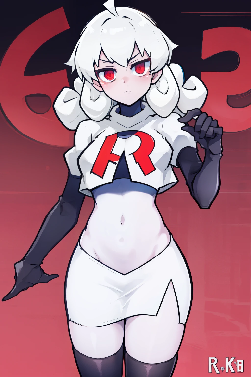 masterpiece, best quality, red eyes, white curly kair, ahoge,team rocket,team rocket uniform,white skirt,red letter R,crop top,black thigh-highs,black elbow gloves, comic strip