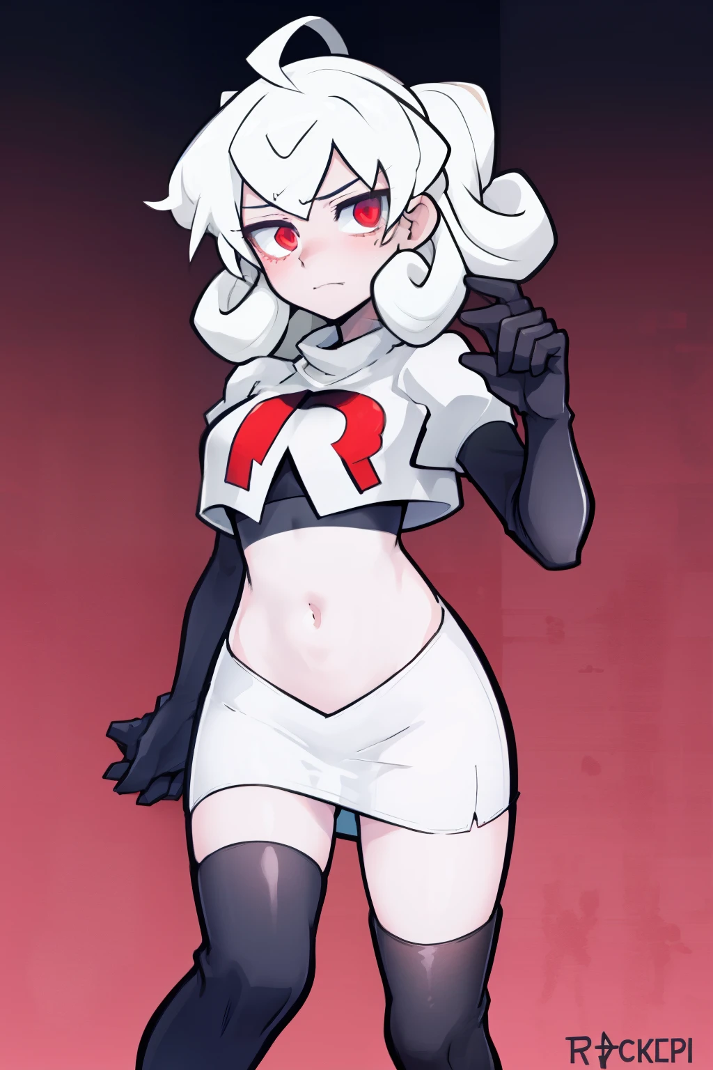 masterpiece, best quality, red eyes, white curly kair, ahoge,team rocket,team rocket uniform,white skirt,red letter R,crop top,black thigh-highs,black elbow gloves, comic strip