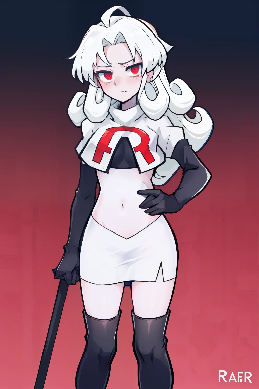 masterpiece, best quality, red eyes, white curly kair, ahoge,team rocket,team rocket uniform,white skirt,red letter R,crop top,black thigh-highs,black elbow gloves, comic strip