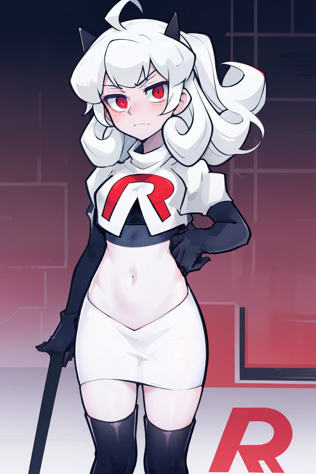 masterpiece, best quality, red eyes, white curly kair, ahoge,team rocket,team rocket uniform,white skirt,red letter R,crop top,black thigh-highs,black elbow gloves, comic strip