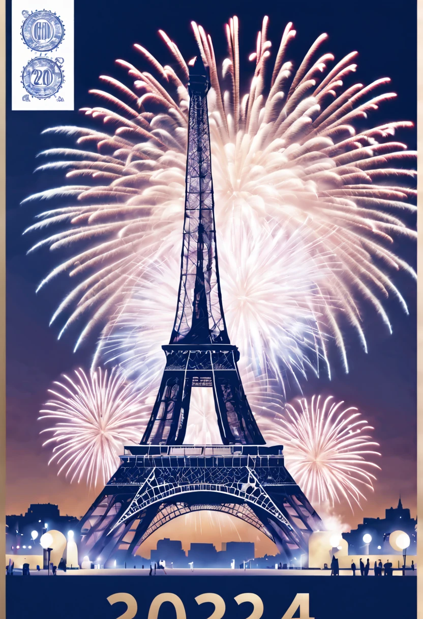 Postal postcard,Paris on the front(2024)Pictures of grand fireworks display to celebrate New Year。Typographic wireframe logo with stamp place and recipient、Name format