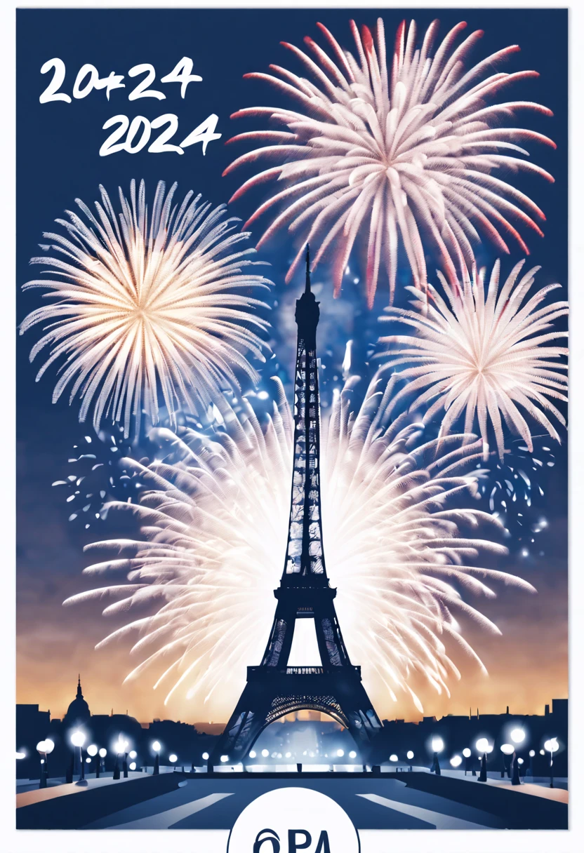 Postal postcard,Paris on the front(2024)Pictures of grand fireworks display to celebrate New Year。Typographic wireframe logo with stamp place and recipient、Name format