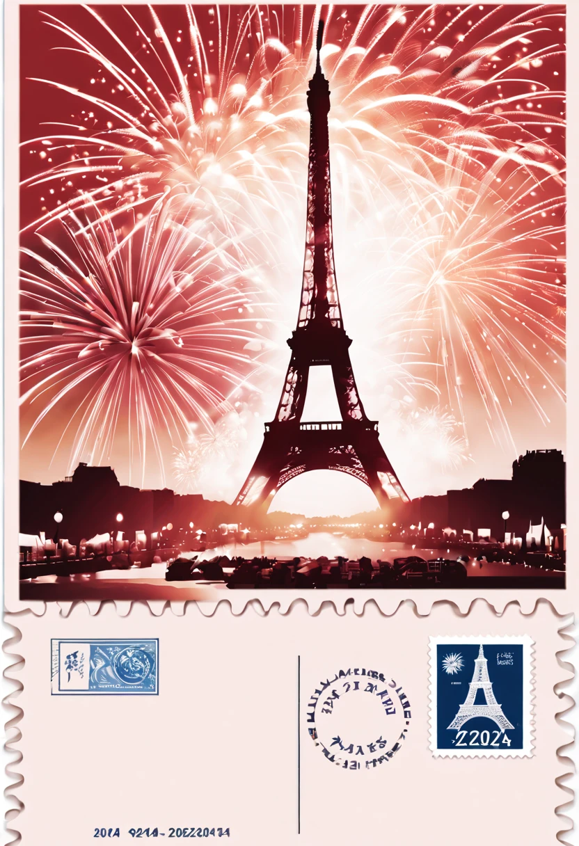 Postal postcard，Paris on the front(2024)Pictures of grand fireworks display to celebrate New Year。Typographic wireframe logo with stamp place and recipient、Name format