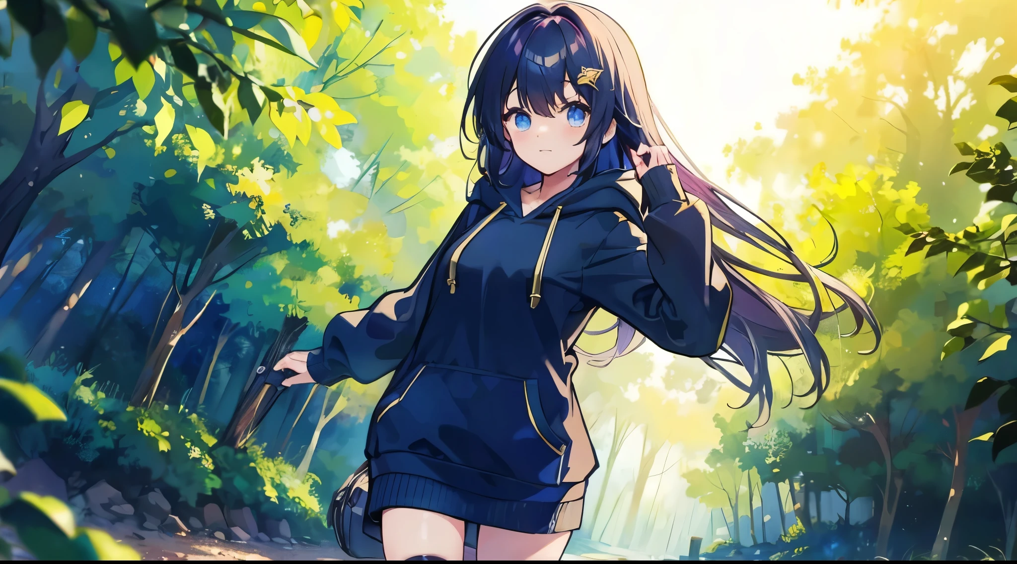female student,over knee socks,hoody,in woods,valleys,Rios,Tano,rays of sunshine,Parallel,Rich details,夏天,blue-sky,scenecy