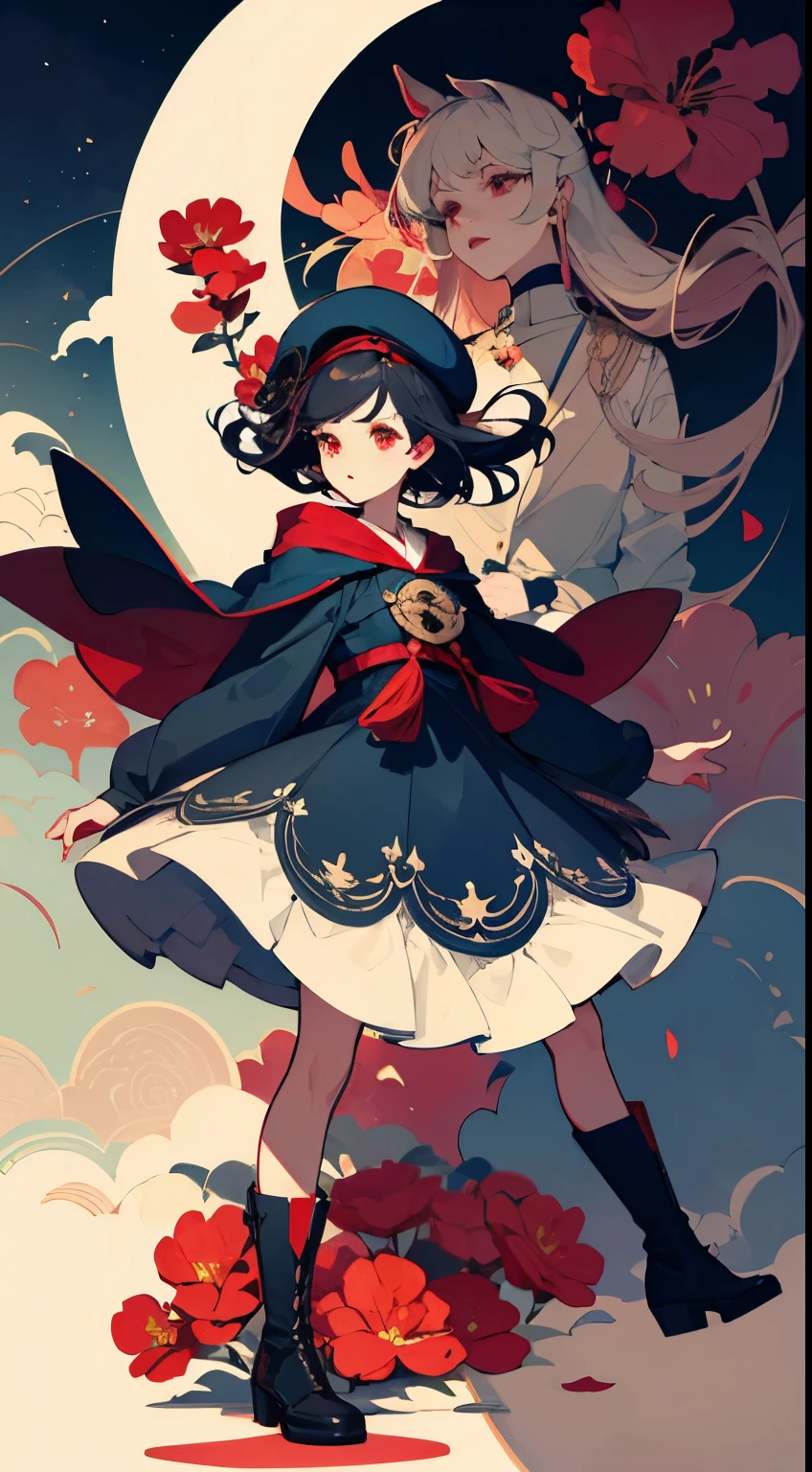 ((tmasterpiece)), ((ultra - detailed)), ((Best quality)), beautidful eyes, Detailed faces, The best lighting, The best shadow, 1 girl, 独奏, ((Classic Disney style, edge lit, Flat 2D style, Disney 2D)), ((Main colors are black and red), Neverland,In Wonderland,, (((Bubl))), (The is very detailed), ((tmasterpiece,best qualtiy,Bright red number characters,desenho)),(solo girl,Black wind hair cute details bright red eyes,Japanese Taisho style,Black Lolita long dresormal cape,American cloak,Black boots,white beret,There are red flowers on the sides of the hat,dual horsetail,Hair is shoulder length,dual horsetail用白色发带扎起来,可爱的white beret两侧有红色的花,White cloak with black collar