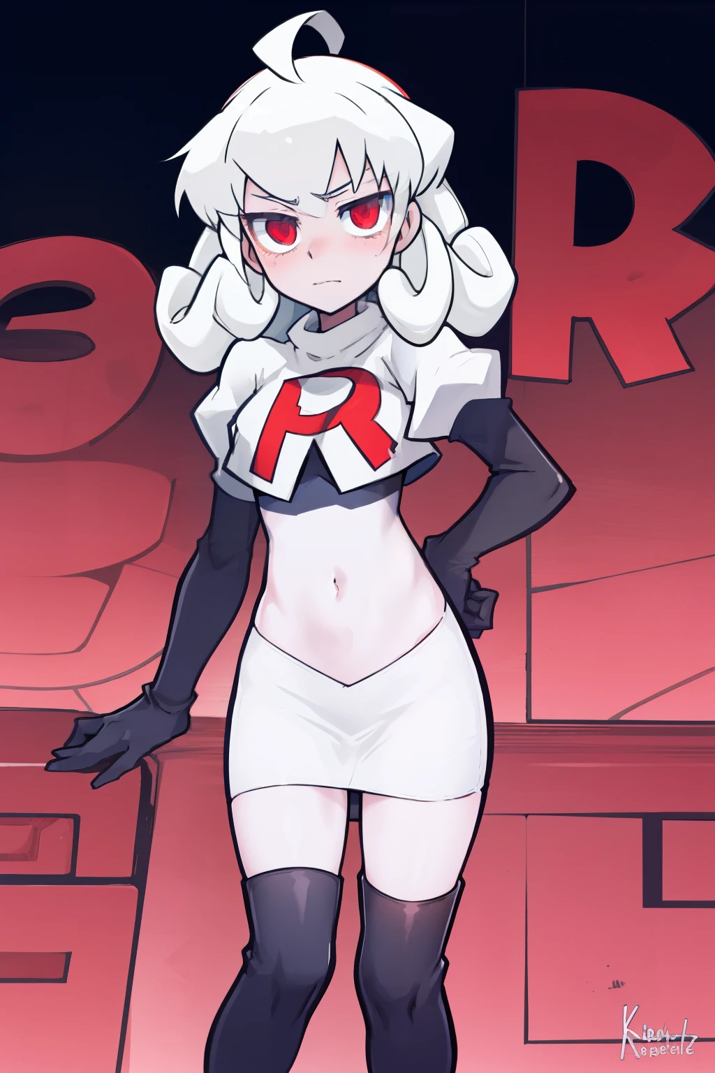 masterpiece, best quality, red eyes, white curly kair, ahoge,team rocket,team rocket uniform,white skirt,red letter R,crop top,black thigh-highs,black elbow gloves, comic strip