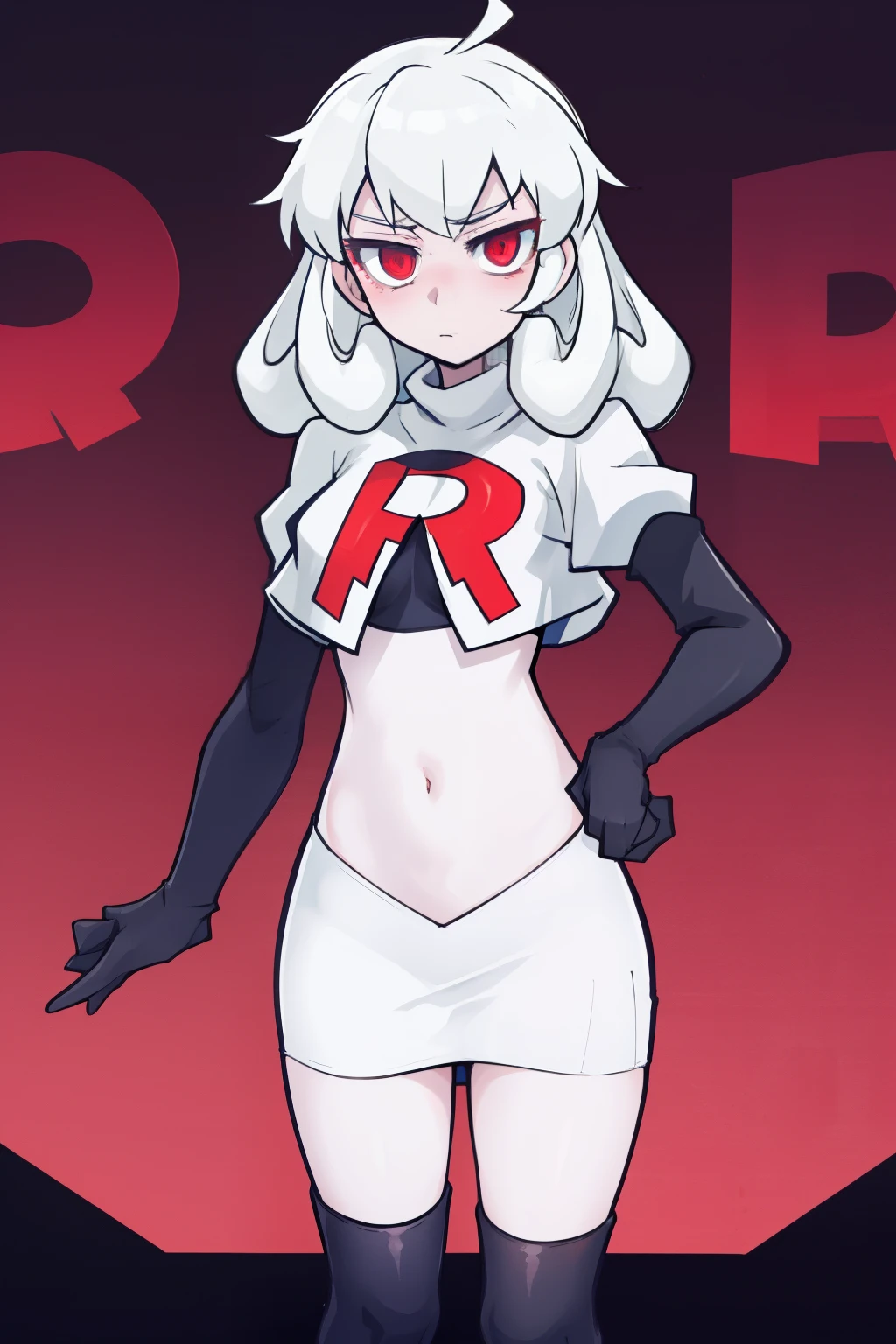 masterpiece, best quality, red eyes, white curly kair, ahoge,team rocket,team rocket uniform,white skirt,red letter R,crop top,black thigh-highs,black elbow gloves, comic strip