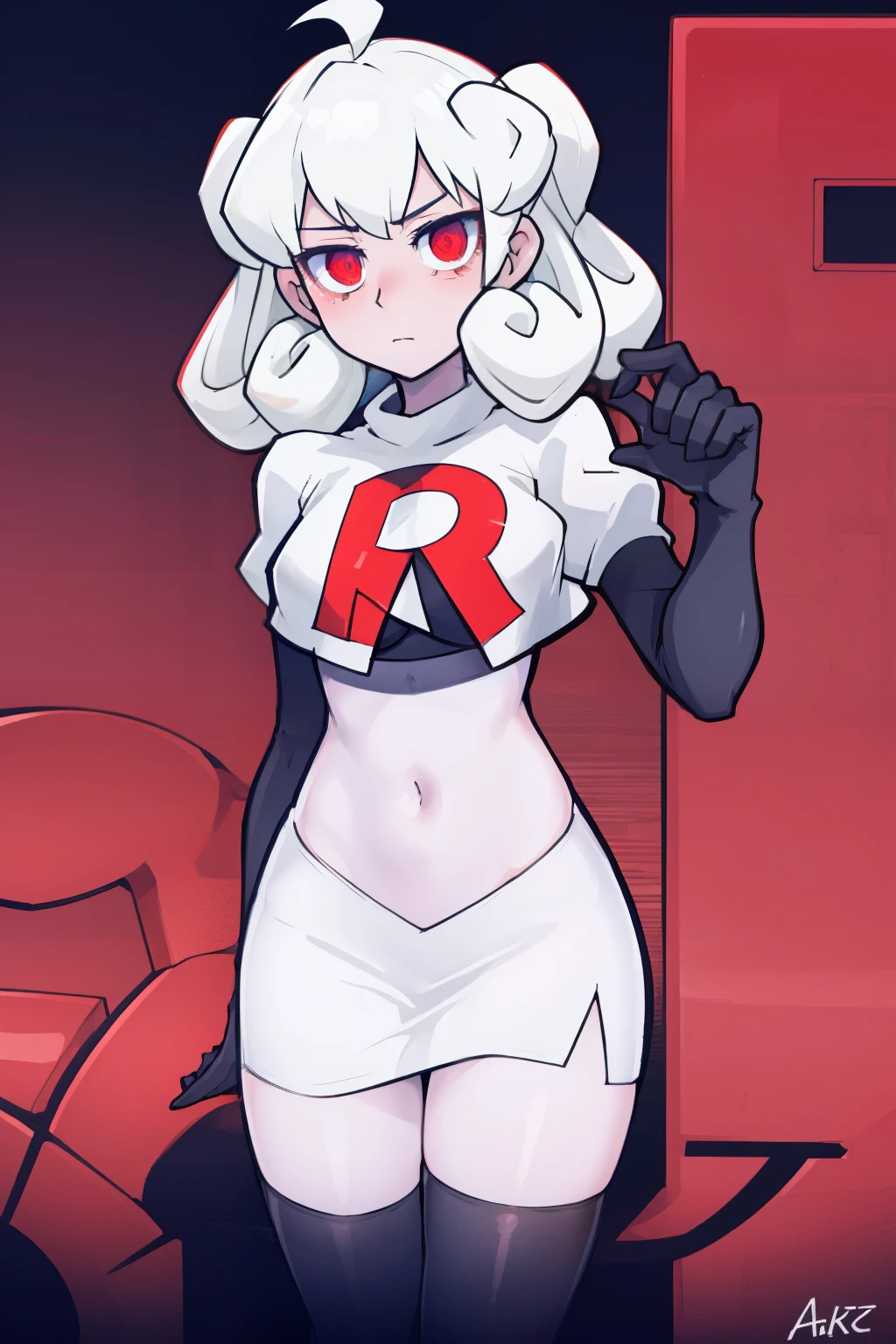 masterpiece, best quality, red eyes, white curly kair, ahoge,team rocket,team rocket uniform,white skirt,red letter R,crop top,black thigh-highs,black elbow gloves, comic strip