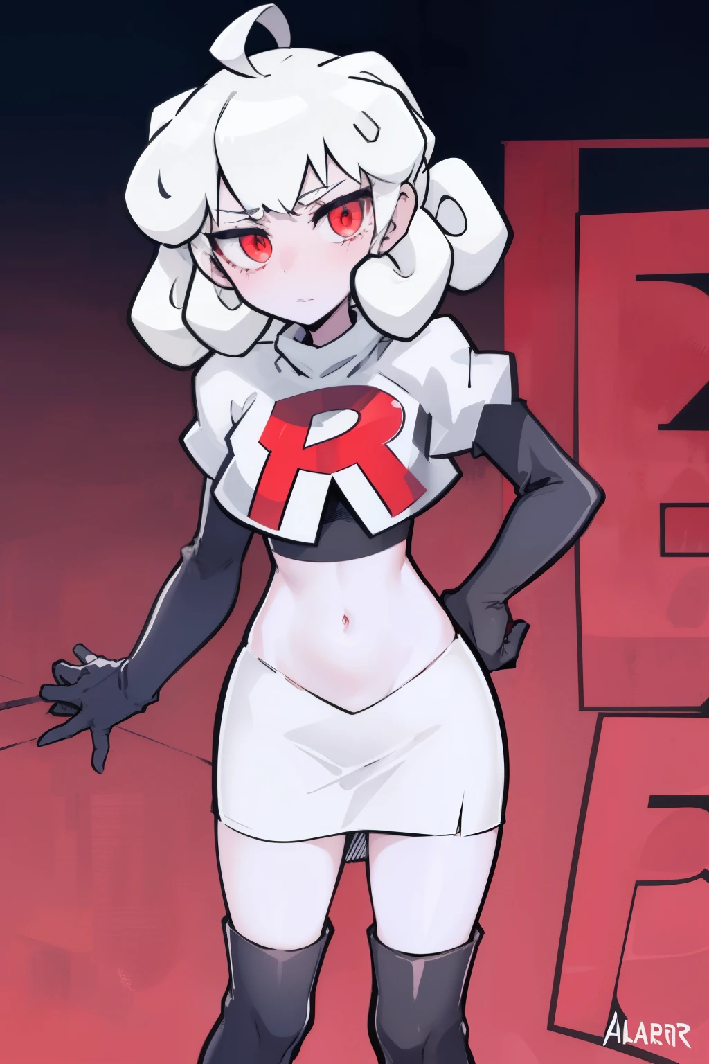 masterpiece, best quality, red eyes, white curly kair, ahoge,team rocket,team rocket uniform,white skirt,red letter R,crop top,black thigh-highs,black elbow gloves, comic strip