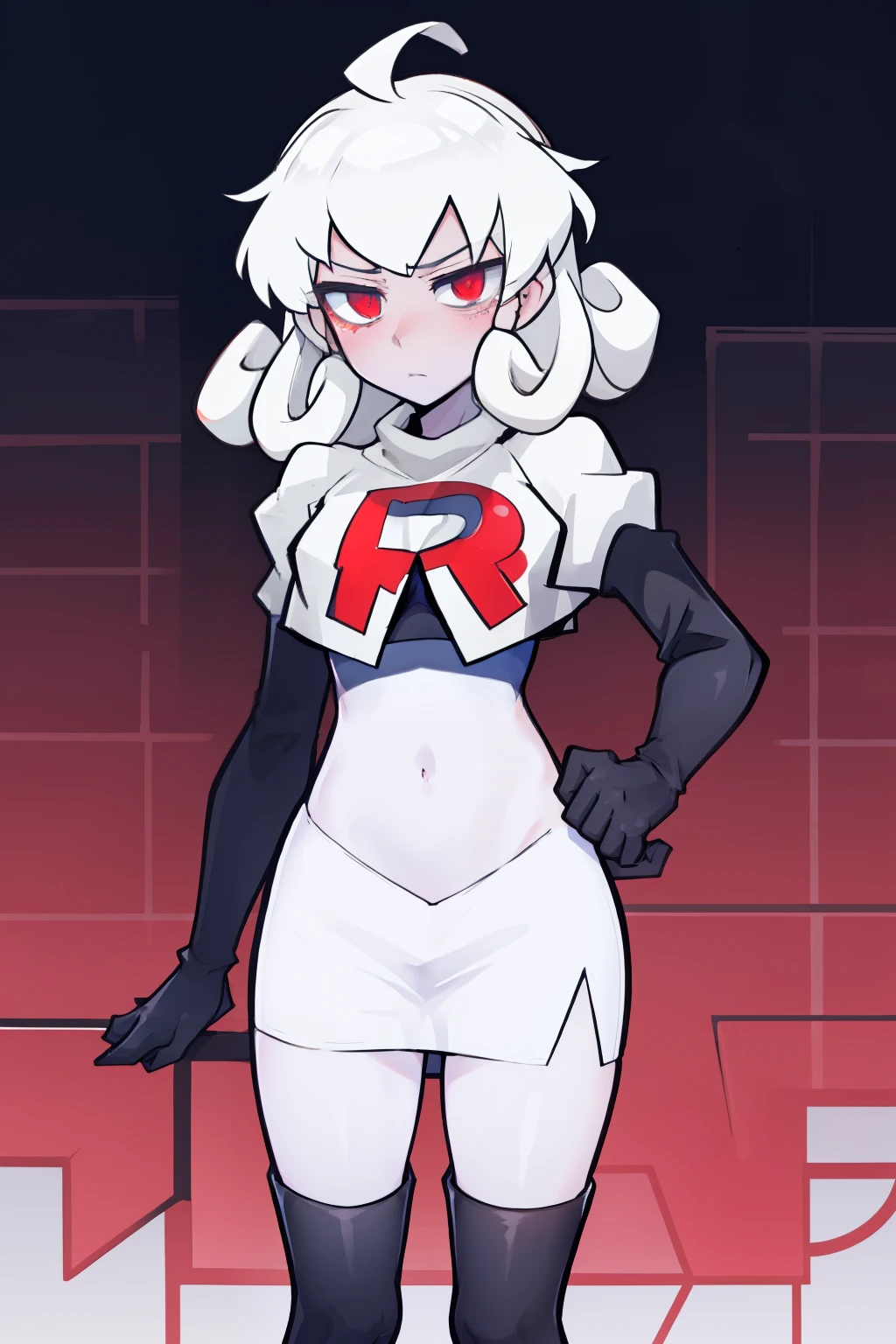 masterpiece, best quality, red eyes, white curly kair, ahoge,team rocket,team rocket uniform,white skirt,red letter R,crop top,black thigh-highs,black elbow gloves, comic strip