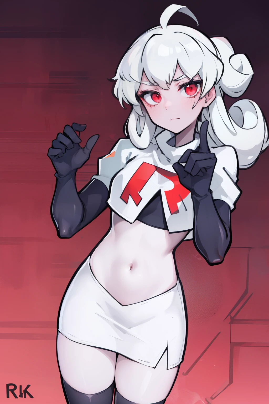 masterpiece, best quality, red eyes, white curly kair, ahoge,team rocket,team rocket uniform,white skirt,red letter R,crop top,black thigh-highs,black elbow gloves, comic strip