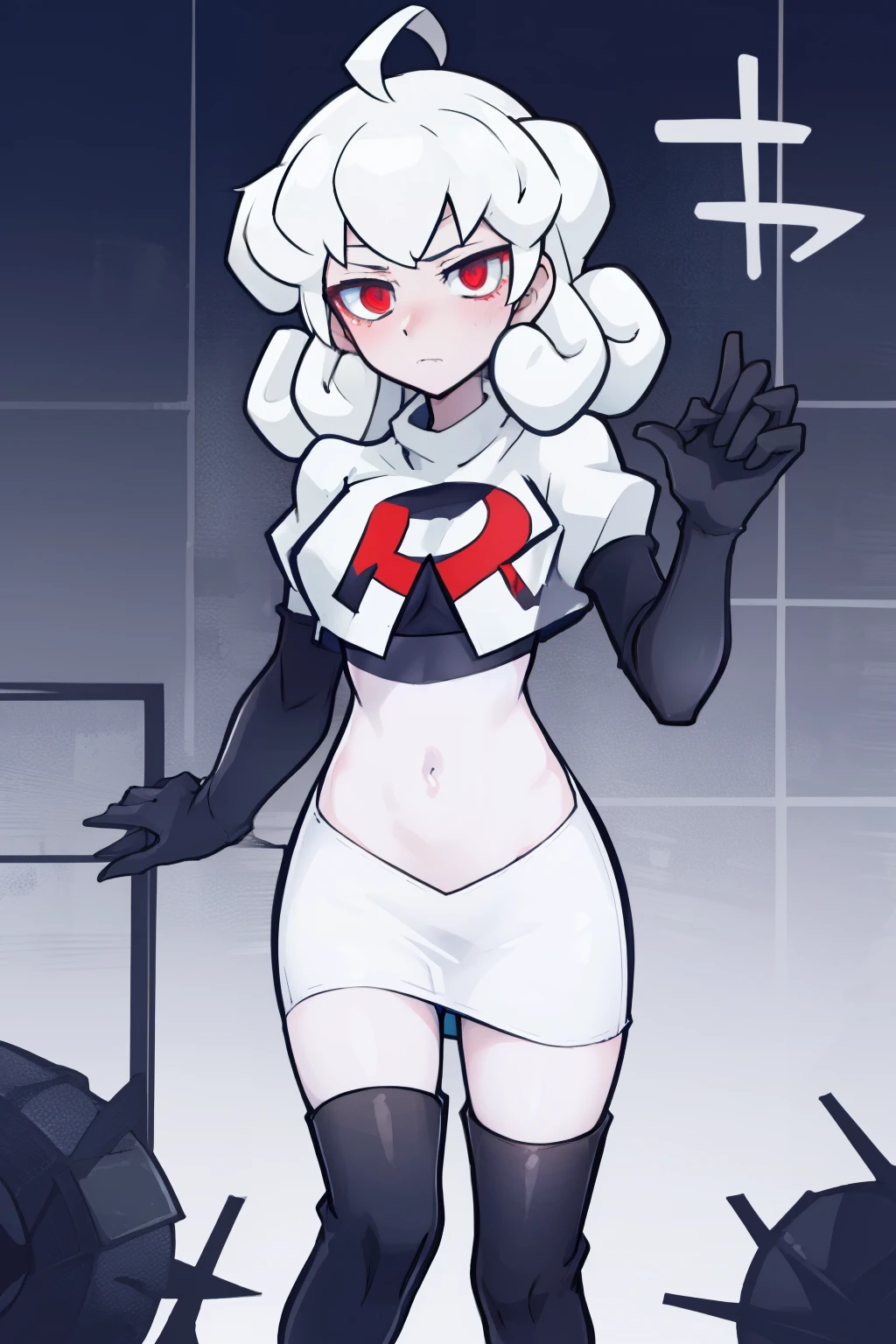 masterpiece, best quality, red eyes, white curly kair, ahoge,team rocket,team rocket uniform,white skirt,red letter R,crop top,black thigh-highs,black elbow gloves, comic strip