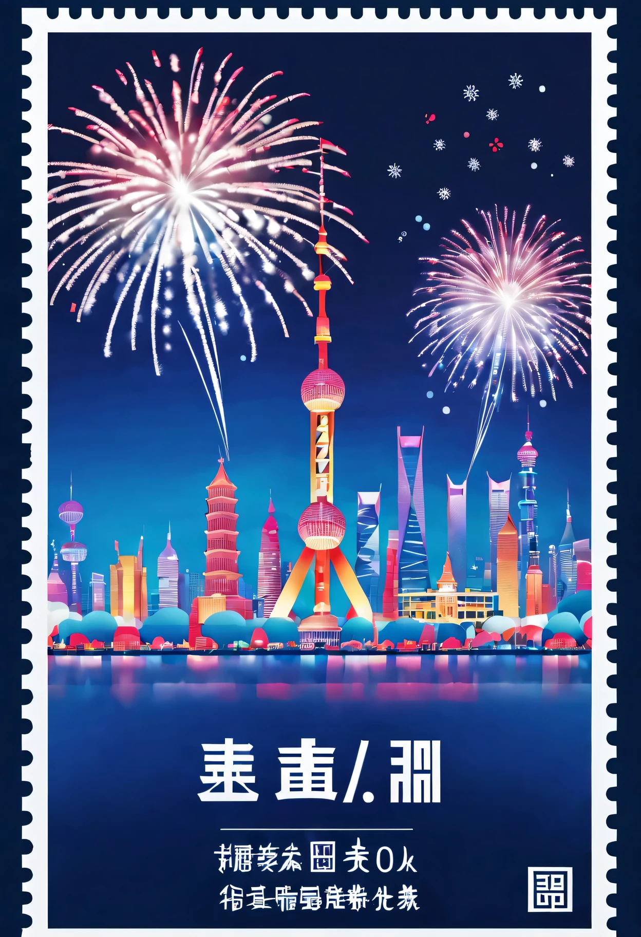 Postal postcard，On the front is a picture of the Shanghai Grand New Year Fireworks Show in 2024。Typographic wireframe logo with stamp location and recipient、Name format