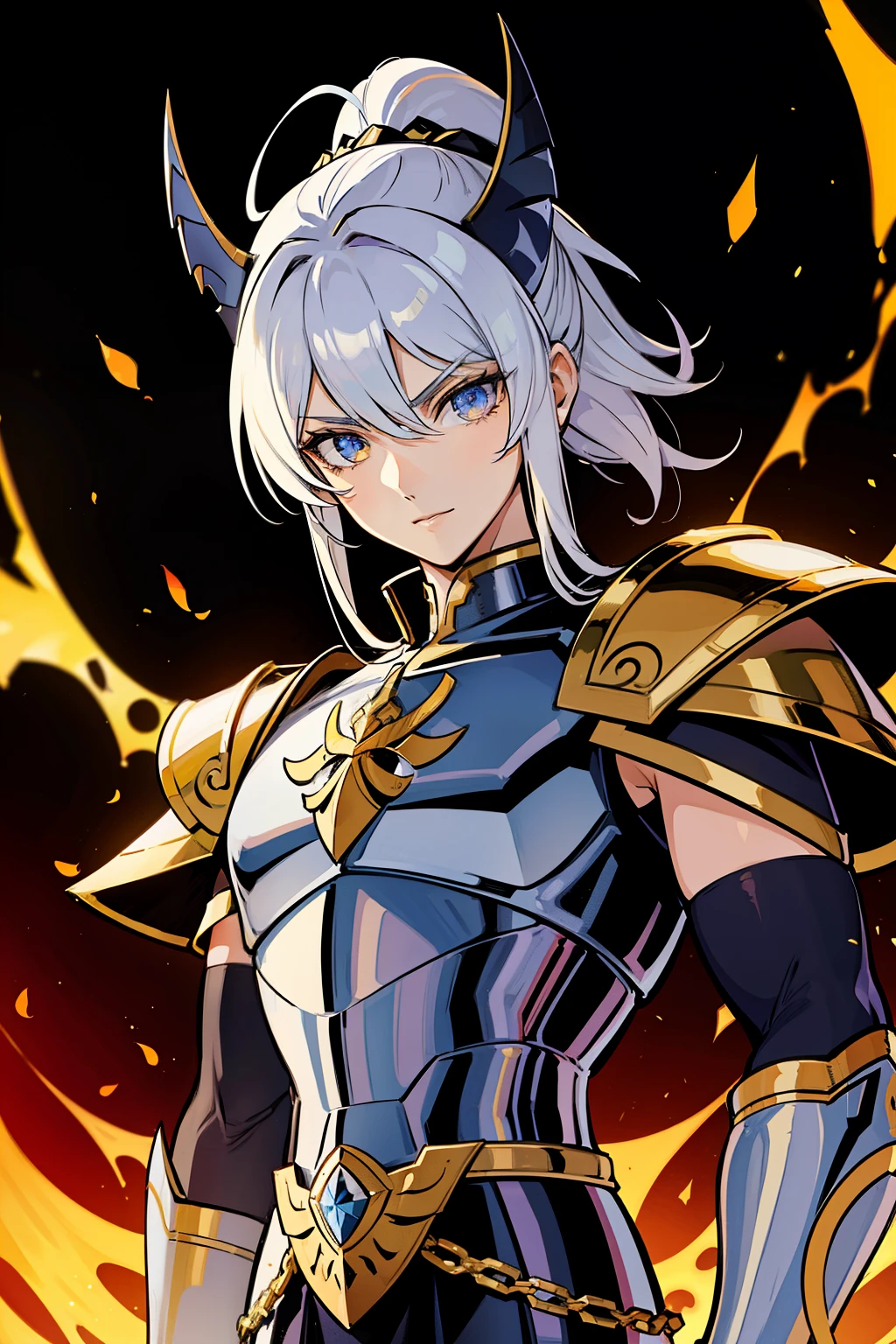 (high-quality, breathtaking),(expressive eyes, perfect face) 1female, girl , solo, young , white colored hair, orange coloured eyes, stylised hair, gentle smile, short length hair, ponytail,loose hair, side bangs, wavy hair, slightly narrow eyes, looking at viewer, portrait, greek, armor, black onyx purple armor, purple saint seiya armor, black spectre armor, fantasy armor, Hades, armor like Thanatos saint seiya lost canvas, armor like Hypnos saint seiya lost canvas, Zagreus from Hades, Zagreus