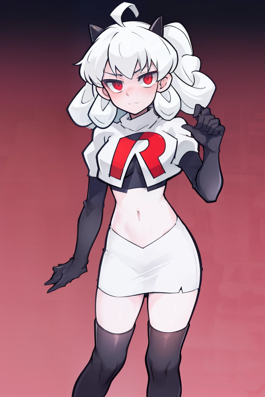 masterpiece, best quality, red eyes, white curly kair, ahoge,team rocket,team rocket uniform,white skirt,red letter R,crop top,black thigh-highs,black elbow gloves, comic strip