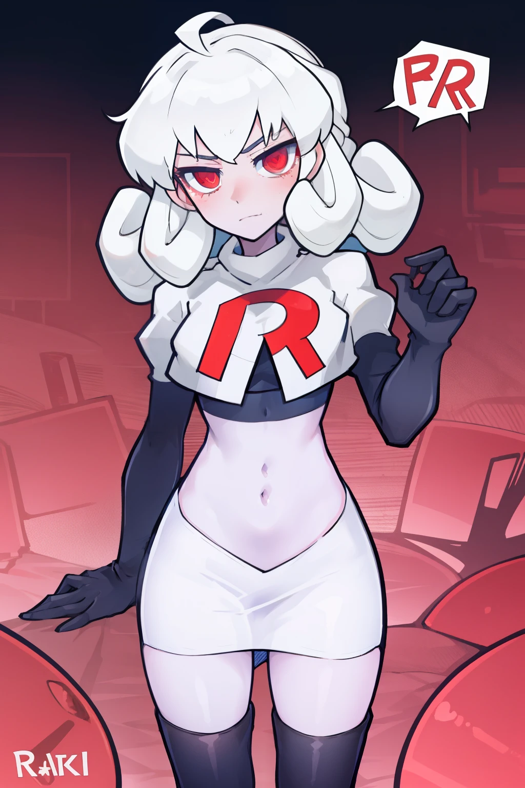 masterpiece, best quality, red eyes, white curly kair, ahoge,team rocket,team rocket uniform,white skirt,red letter R,crop top,black thigh-highs,black elbow gloves, comic strip