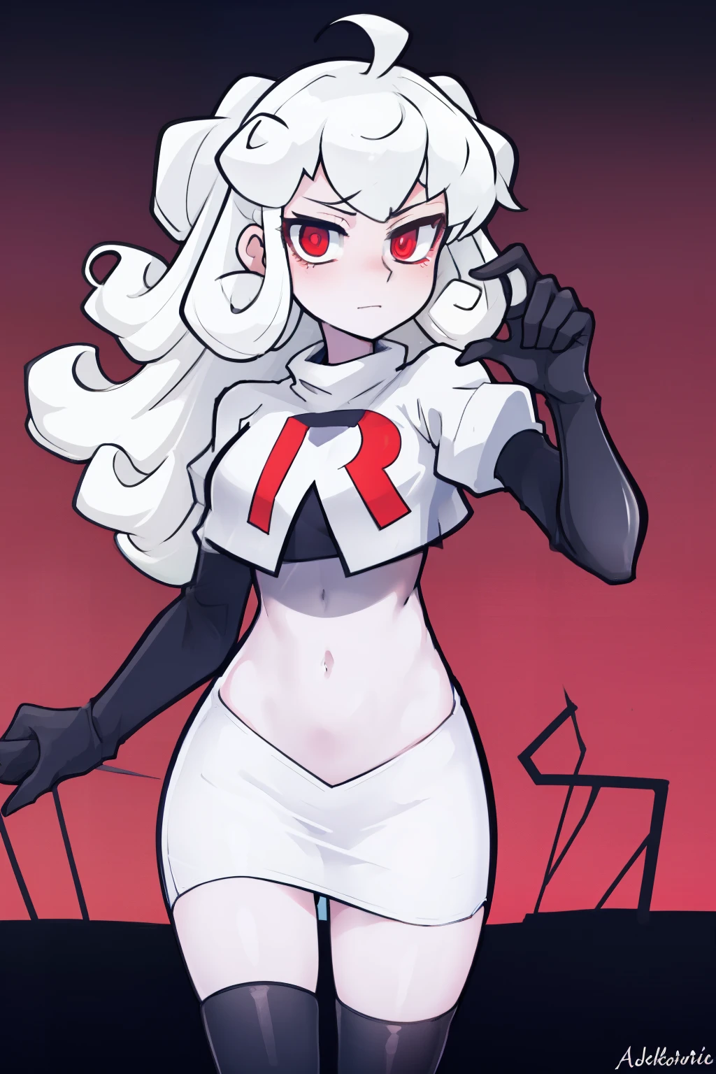 masterpiece, best quality, red eyes, white curly kair, ahoge,team rocket,team rocket uniform,white skirt,red letter R,crop top,black thigh-highs,black elbow gloves, comic strip